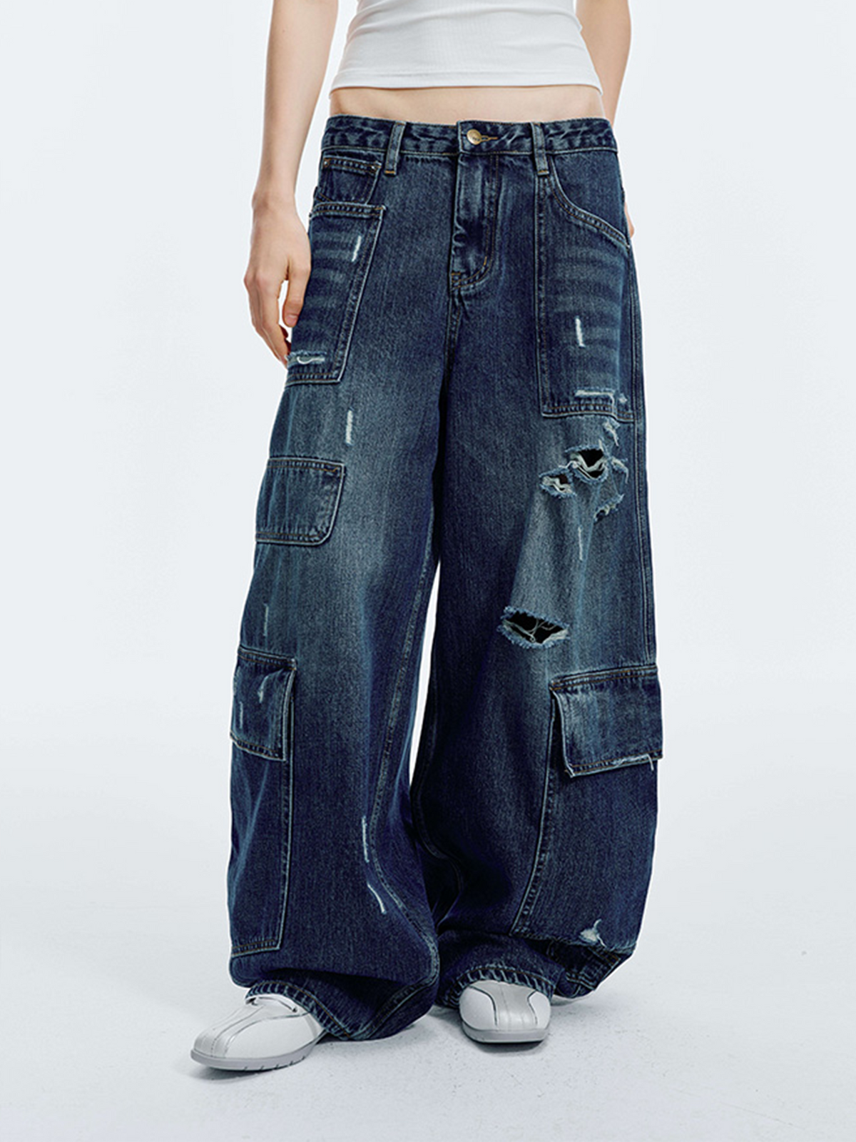 HAHAHA Washed Distressed Multi-Pocket Wide-Leg Jeans
