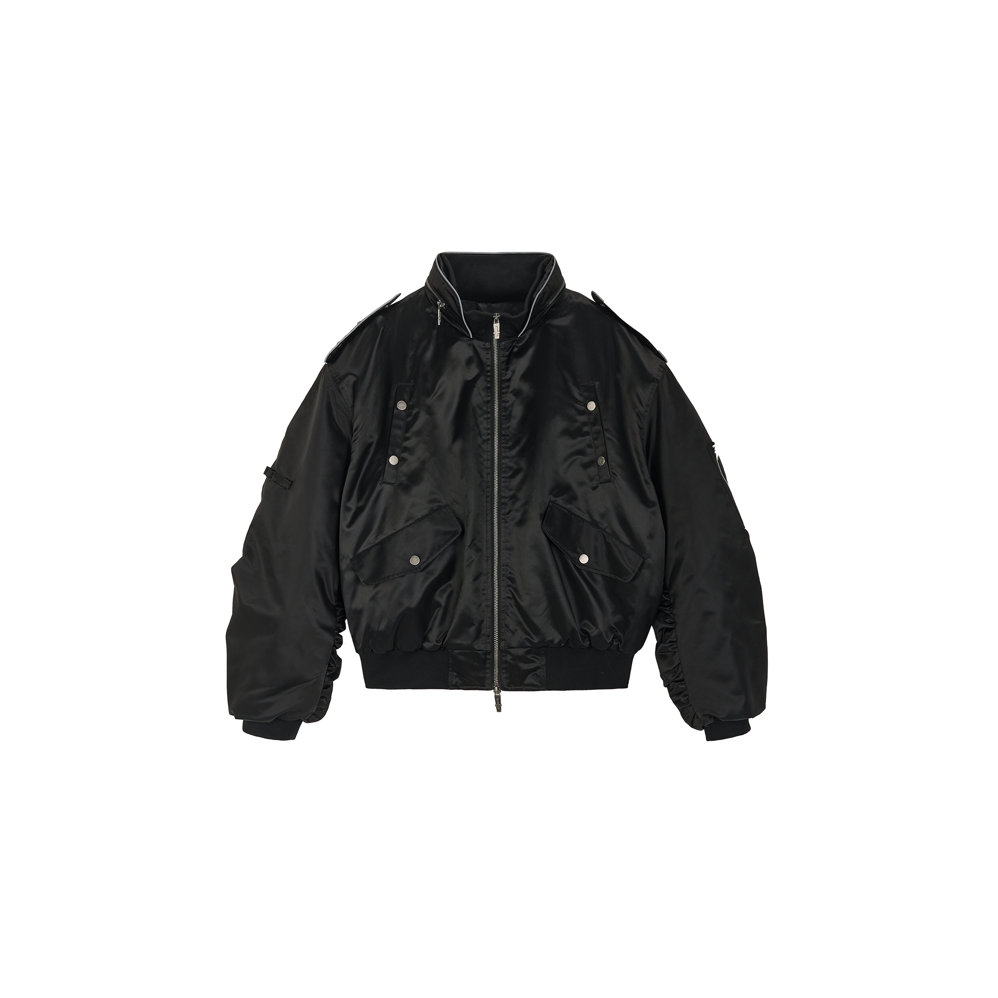 SAVAGEGROWTHWORLD Embroidered Ruched-Sleeve Reflective-Stripe Bomber, premium urban and streetwear designers apparel on PROJECTISR.com, SAVAGEGROWTHWORLD