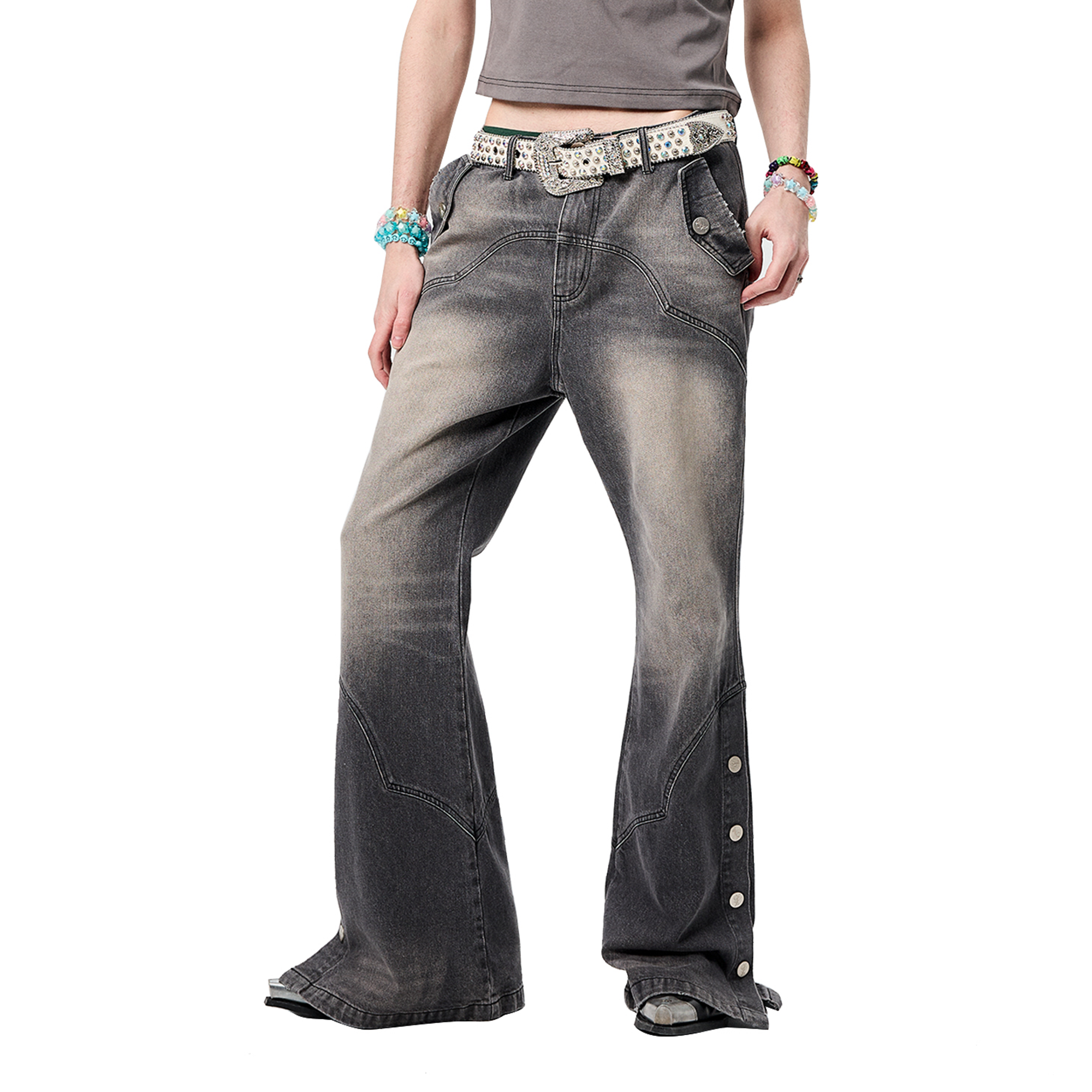 ERISSTOFF Washed Detachable Flared Jeans Gray