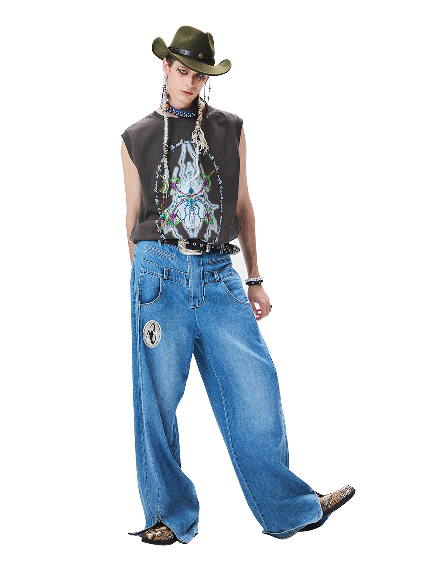 CYCYCY Deconstructed Double-Waist Washed Jeans