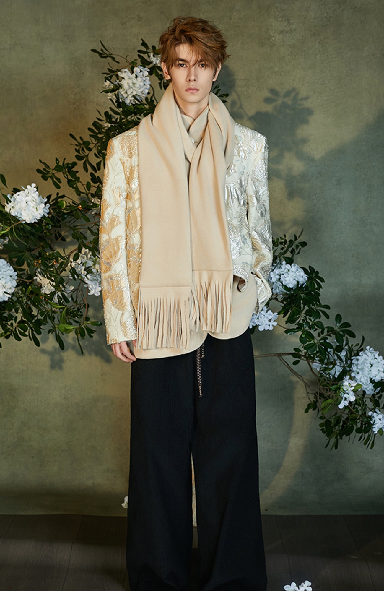 JIECHI Jacquard Embroidered Layered Mandarin Blazer