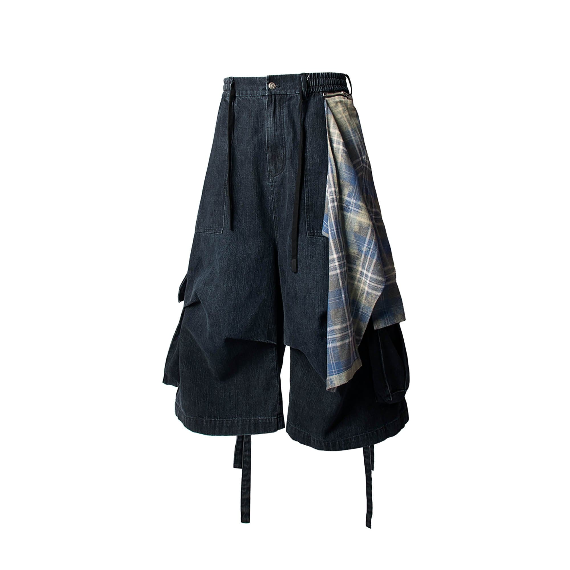 RELABEL Detachable Plaid Drape Denim Shorts, premium urban and streetwear designers apparel on PROJECTISR.com, RELABEL