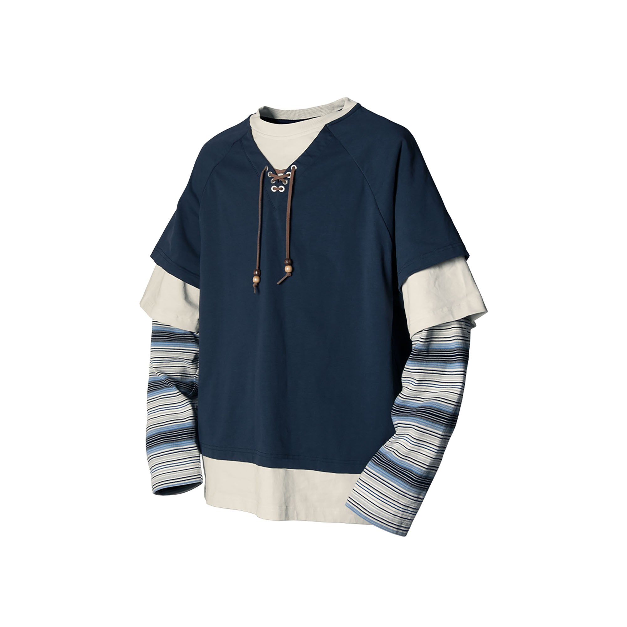 RELABEL Layered Stripe-Sleeve Lace-Up Sweatshirt Blue, premium urban and streetwear designers apparel on PROJECTISR.com, RELABEL