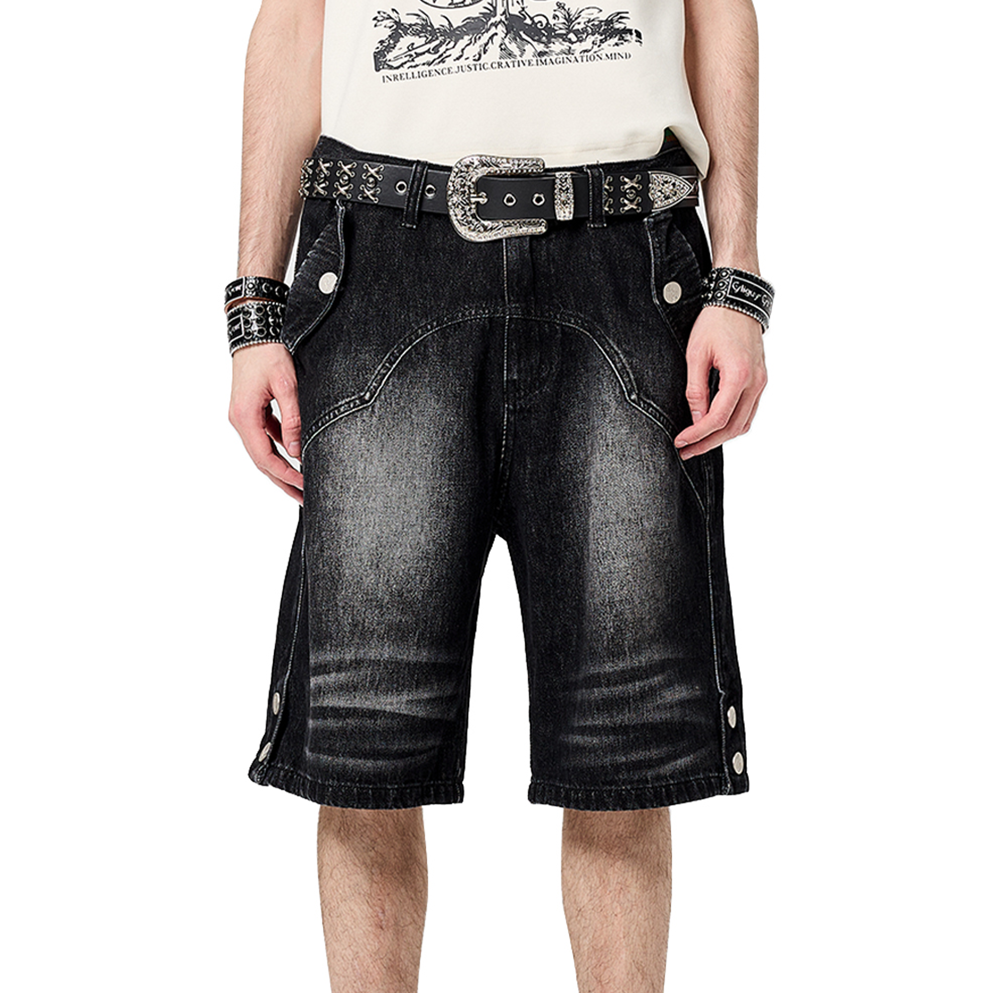 CYCYCY Retro Washed Paneled Denim Shorts