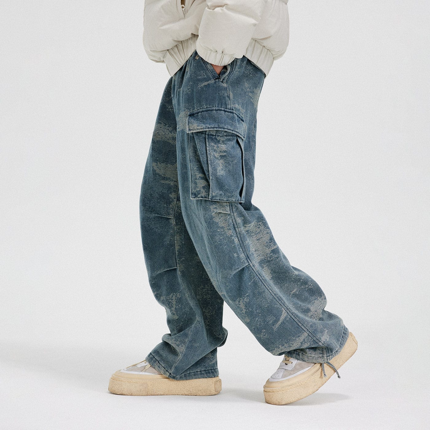 BONELESS Washed Frayed Crinkled Baggy Jeans, premium urban and streetwear designers apparel on PROJECTISR.com, BONELESS