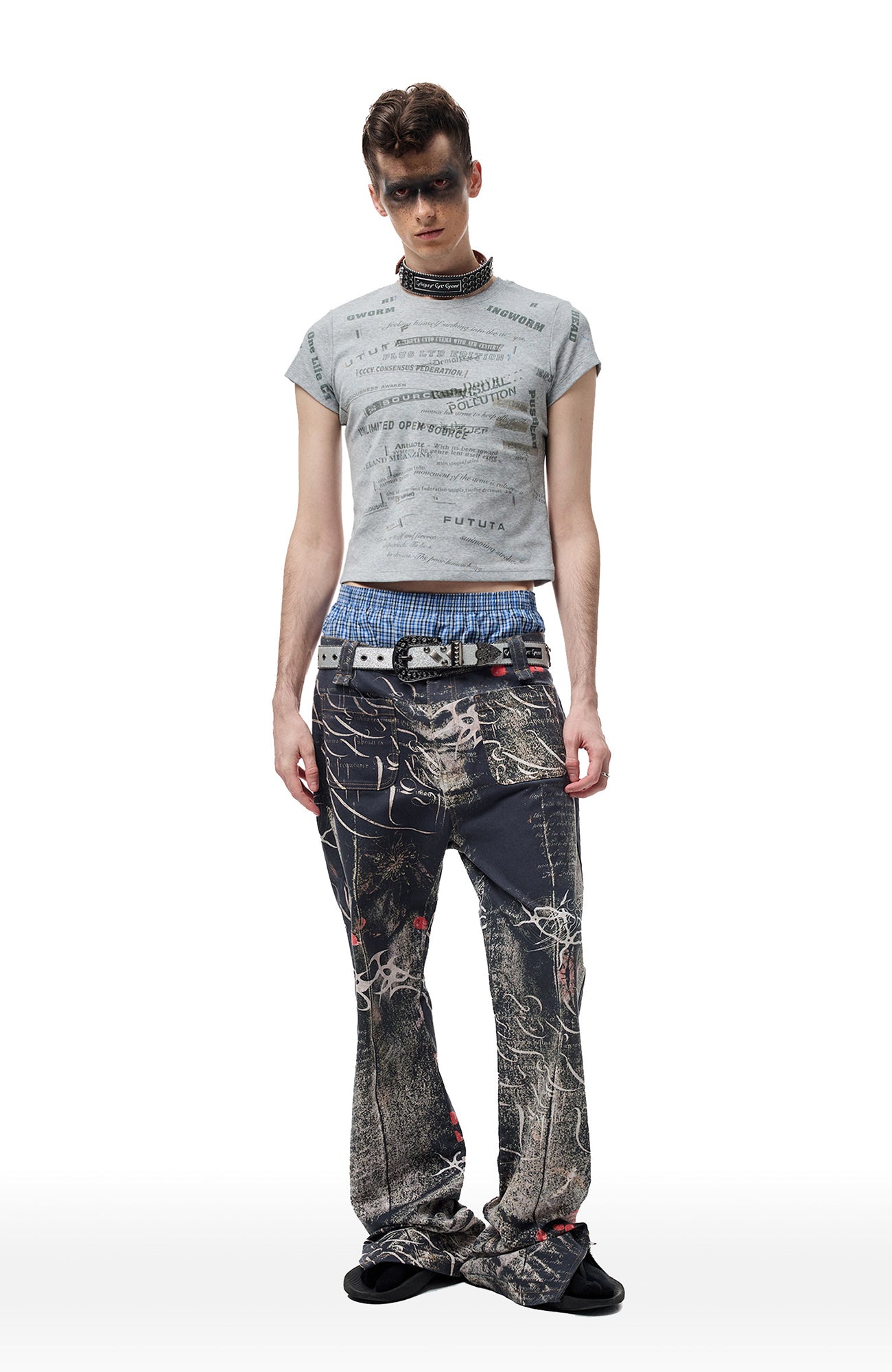 CYCYCY Bar Studded Filigree Leather Belt Gray