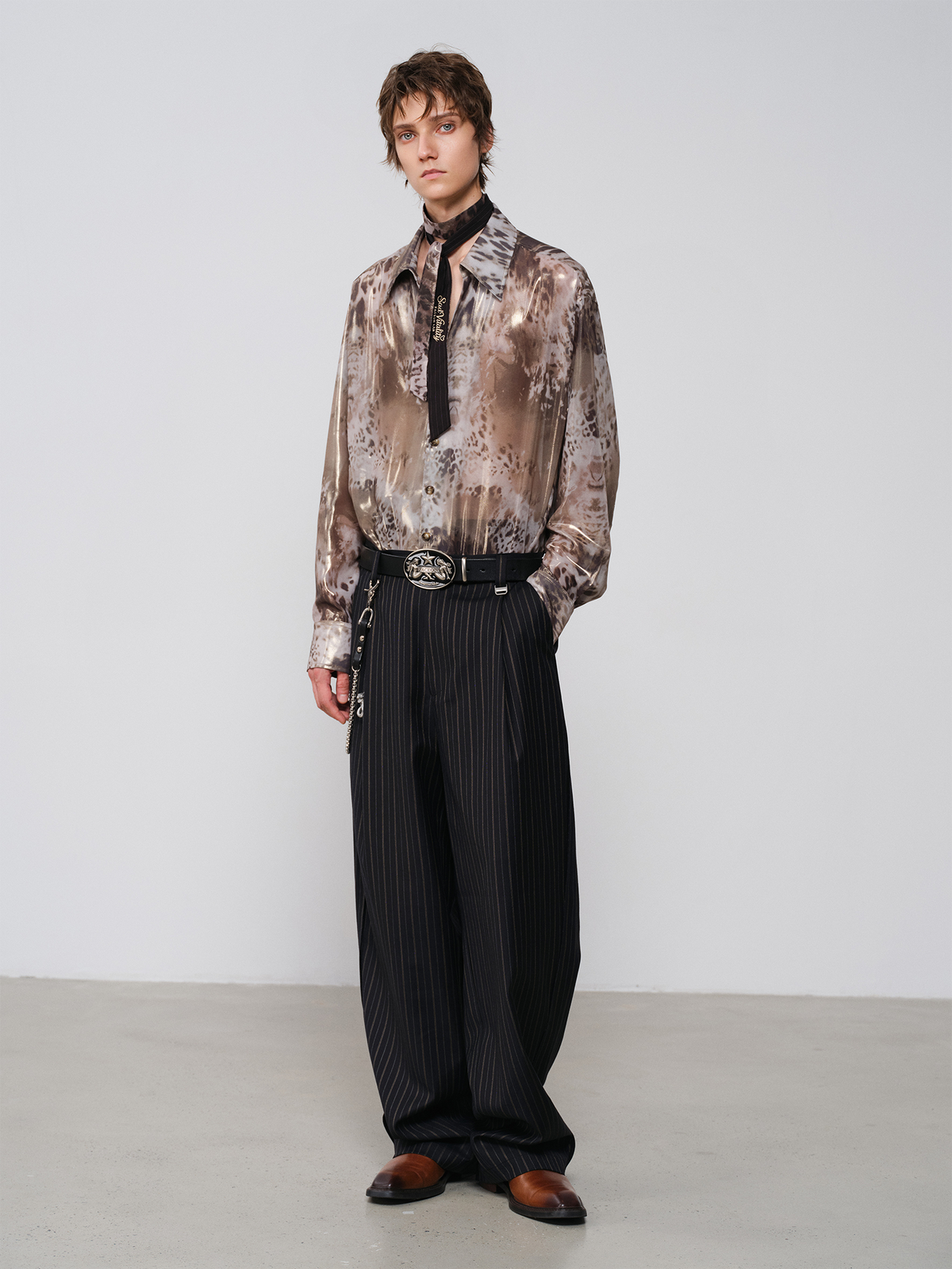 FACEONLAB Striped Wool-Blend Wide-Leg Trousers