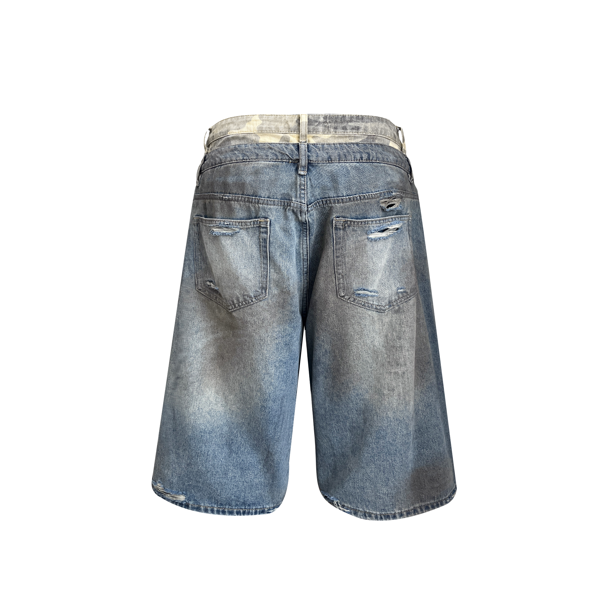 TH4SWE Double-Waist Cross Embroidered Distressed Shorts