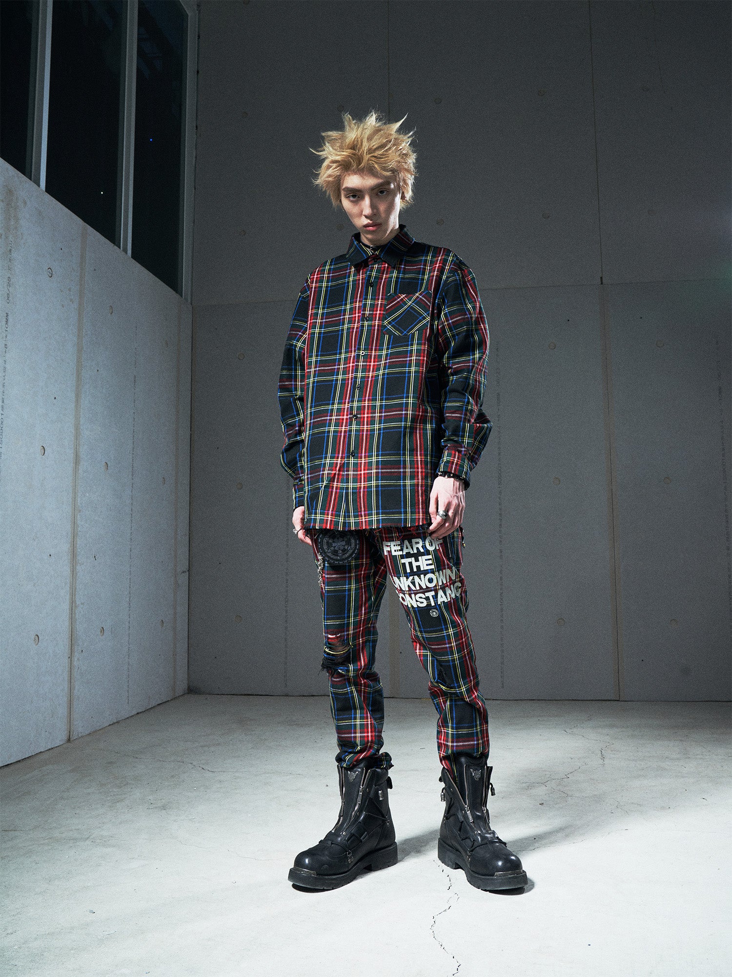 VENTUREK Distressed Zippered-Hem Slogan Slim Plaid Pants, premium urban and streetwear designers apparel on PROJECTISR.com, VENTUREK