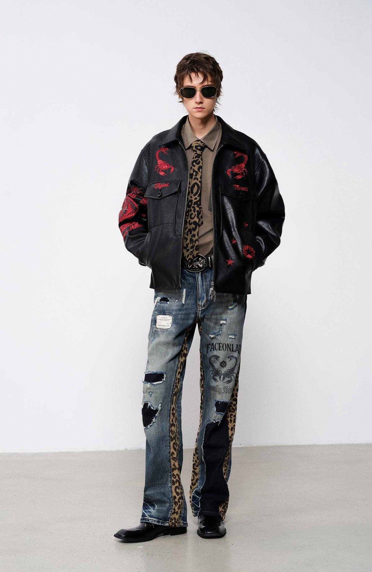FACEONLAB Embroidered Faux Leather Jacket