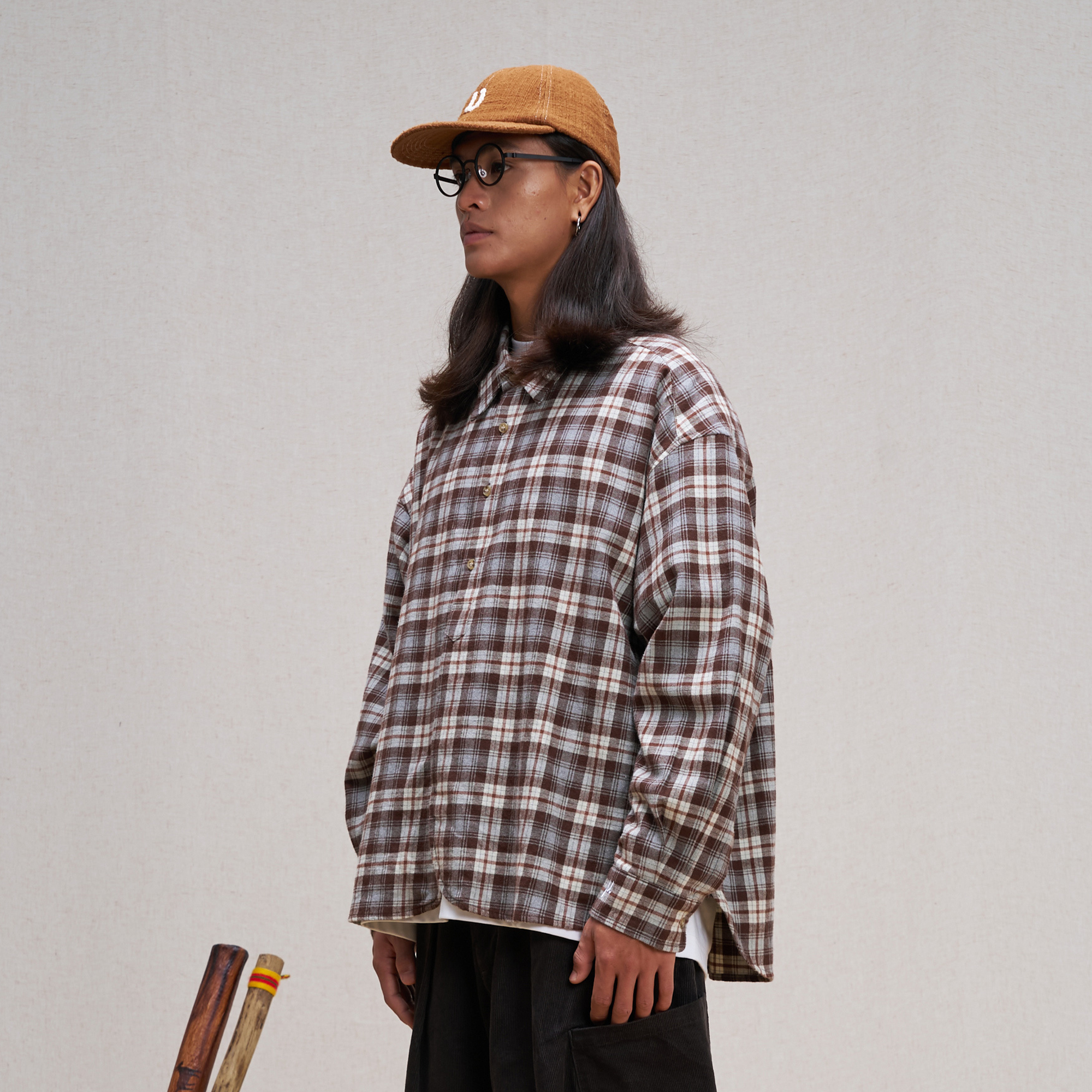 UNLIMITED MOTE Plaid Oversized Half-Open Collar Shirt Brown, premium urban and streetwear designers apparel on PROJECTISR.com, UNLIMITED MOTE