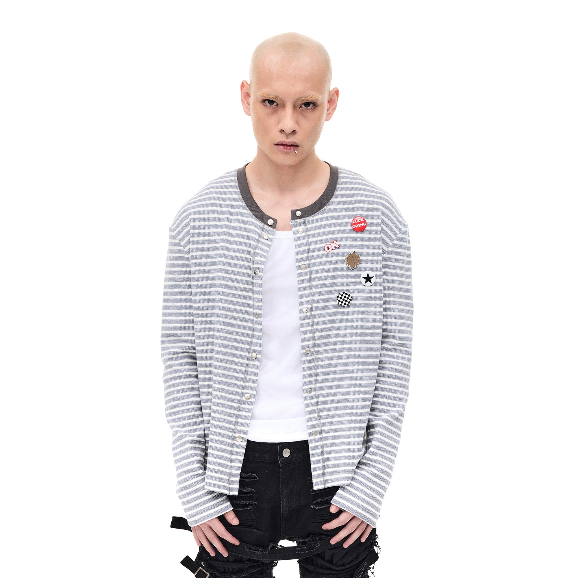 WHISTLEHUNTER Striped Badge Snap Slim Cardigan, premium urban and streetwear designers apparel on PROJECTISR.com, WHISTLEHUNTER