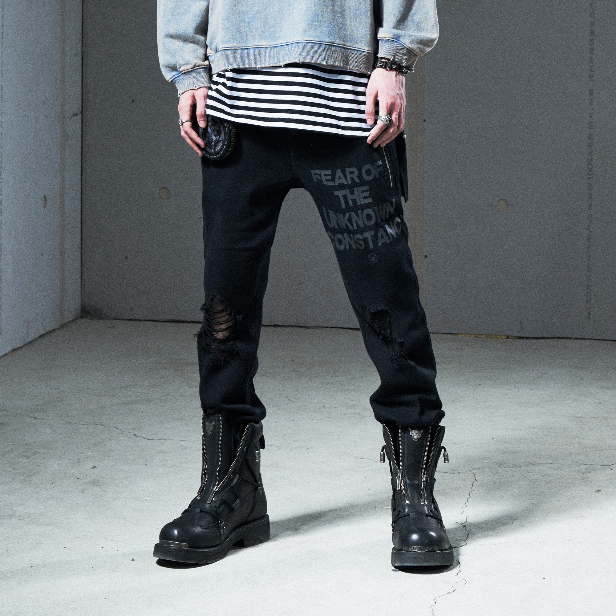 VENTUREK Distressed Zippered-Hem Slogan Slim Pants, premium urban and streetwear designers apparel on PROJECTISR.com, VENTUREK