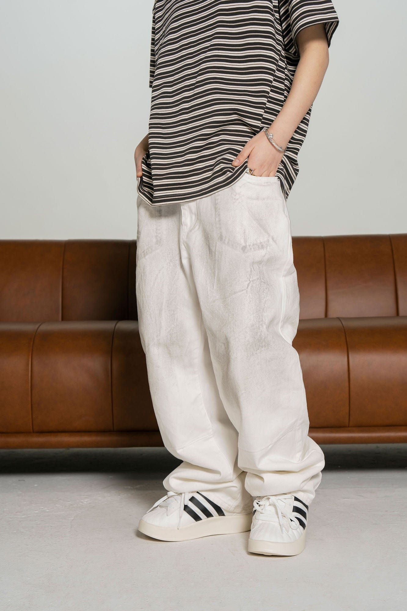 MAKEMORE Dirty-Fit Wide-Leg Denim Pants, premium urban and streetwear designers apparel on PROJECTISR.com, MAKEMORE