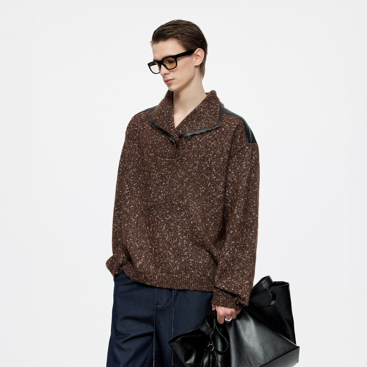 TIWILLTANG Spliced Faux Leather Dot-Yarn Fold Collar Sweater