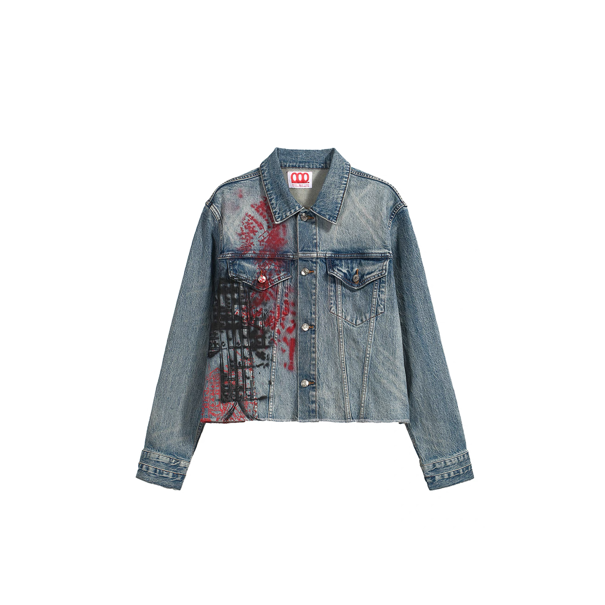 NOTHINGNESS WORLD Washed Multi-Print Denim Jacket, premium urban and streetwear designers apparel on PROJECTISR.com, NOTHINGNESS WORLD