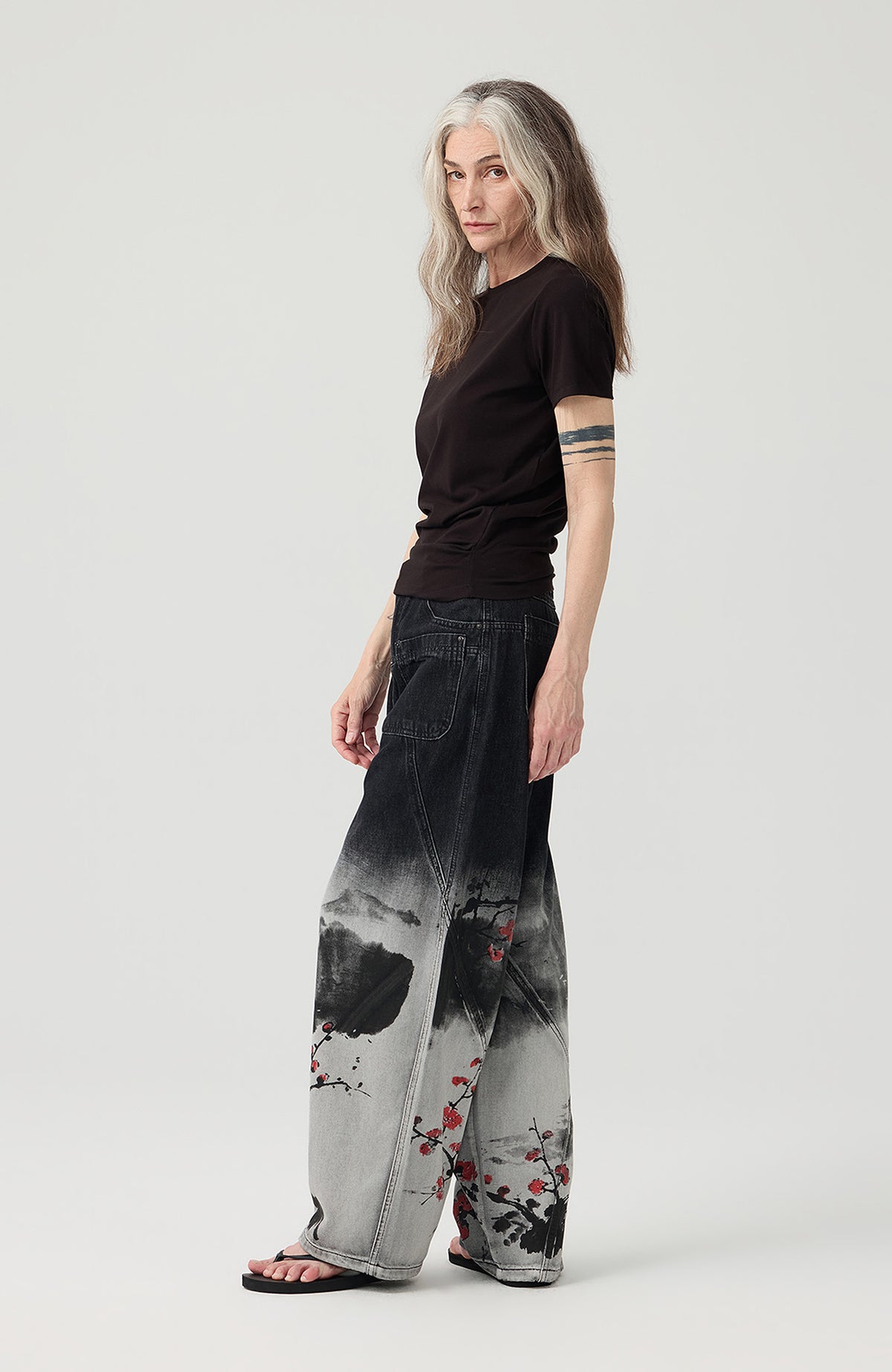 HAHAHA STUDIOS Ink Plum Blossom Washed Wide-Leg Jeans