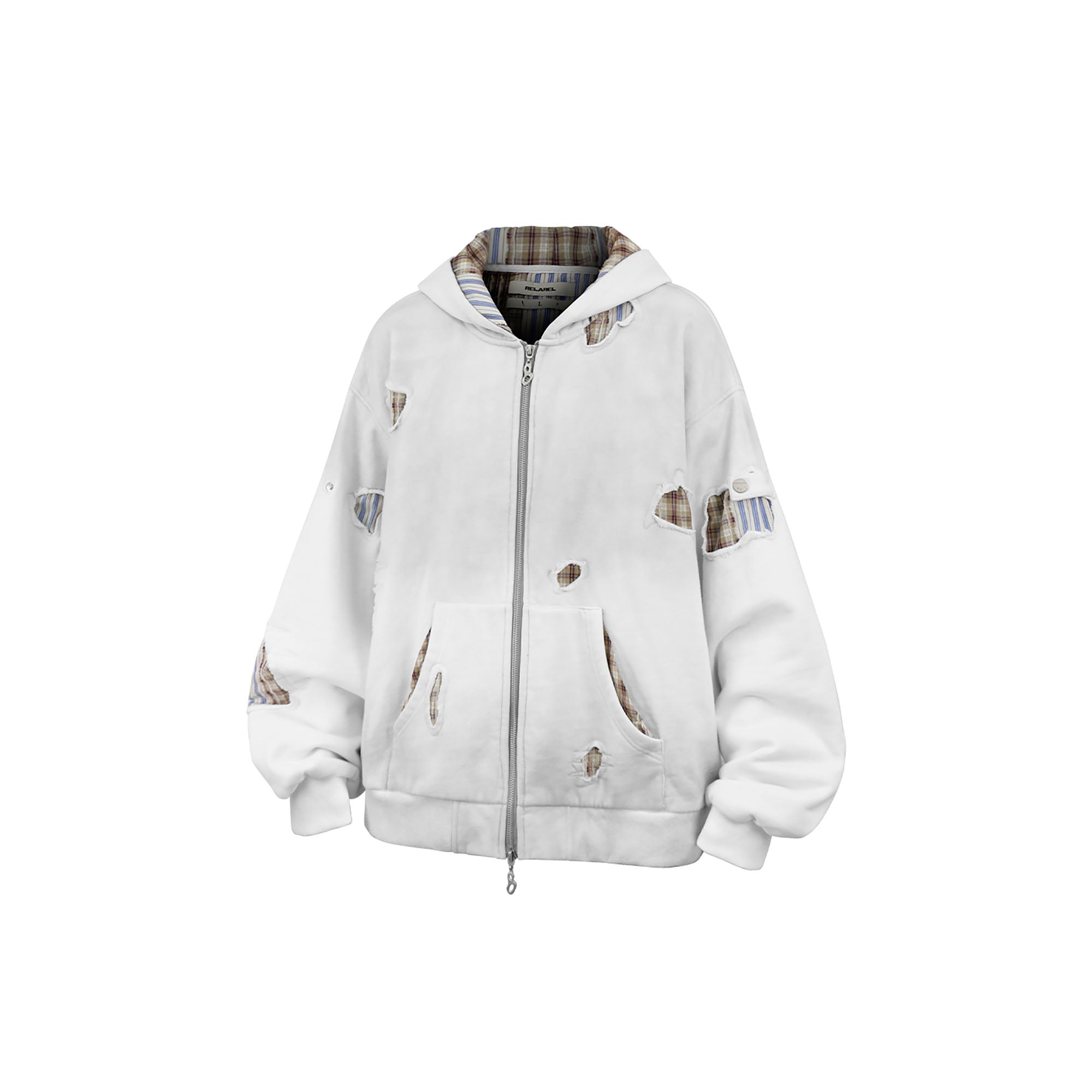 RELABEL Distressed Plaid Cut-Out Layered Hooded Jacket, premium urban and streetwear designers apparel on PROJECTISR.com, RELABEL