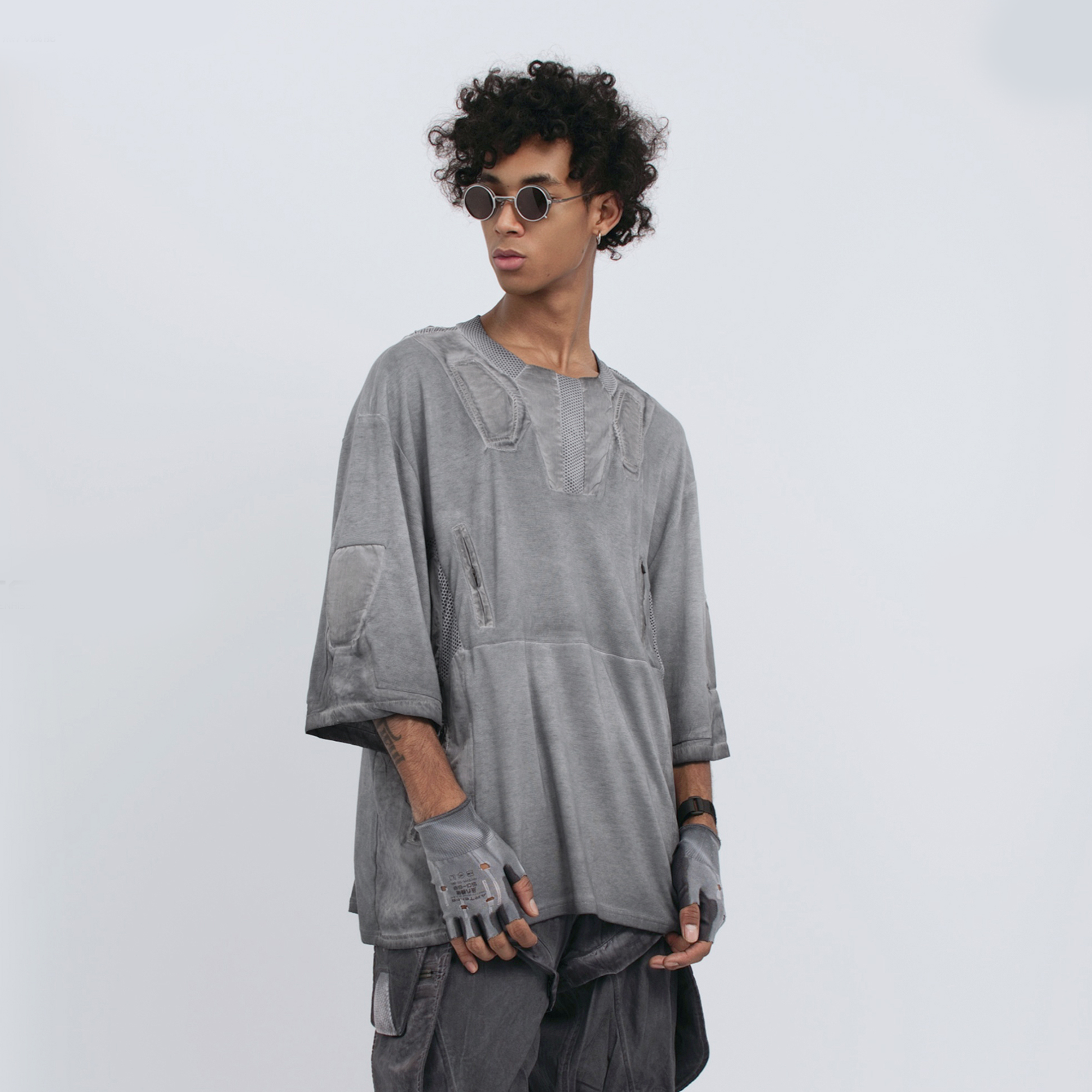 STEAM Distressed Mesh-Spliced Oversized Tactical T-Shirt