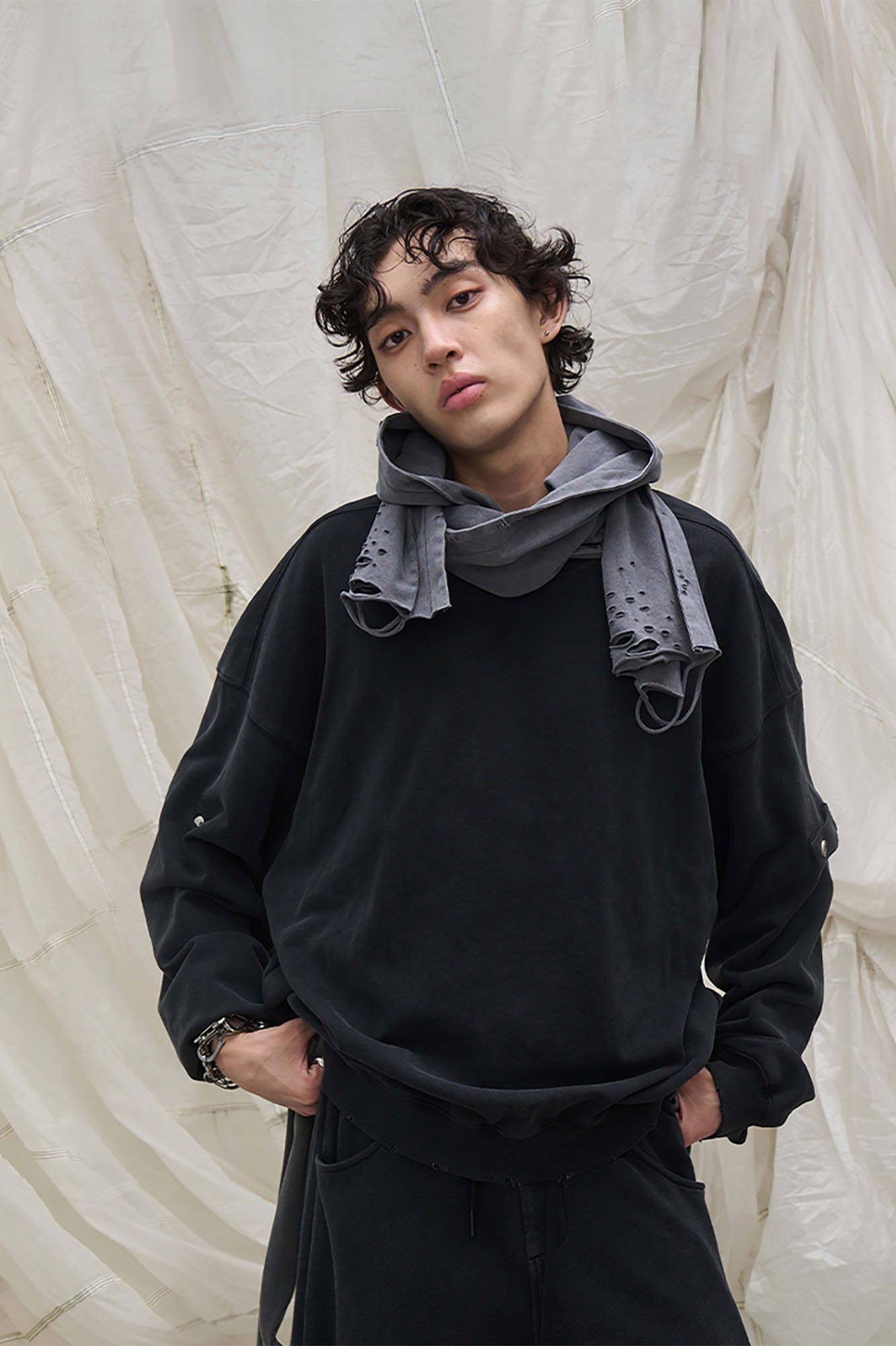 RELABEL Detachable-Hood Distressed Ripped Sweatshirt, premium urban and streetwear designers apparel on PROJECTISR.com, RELABEL