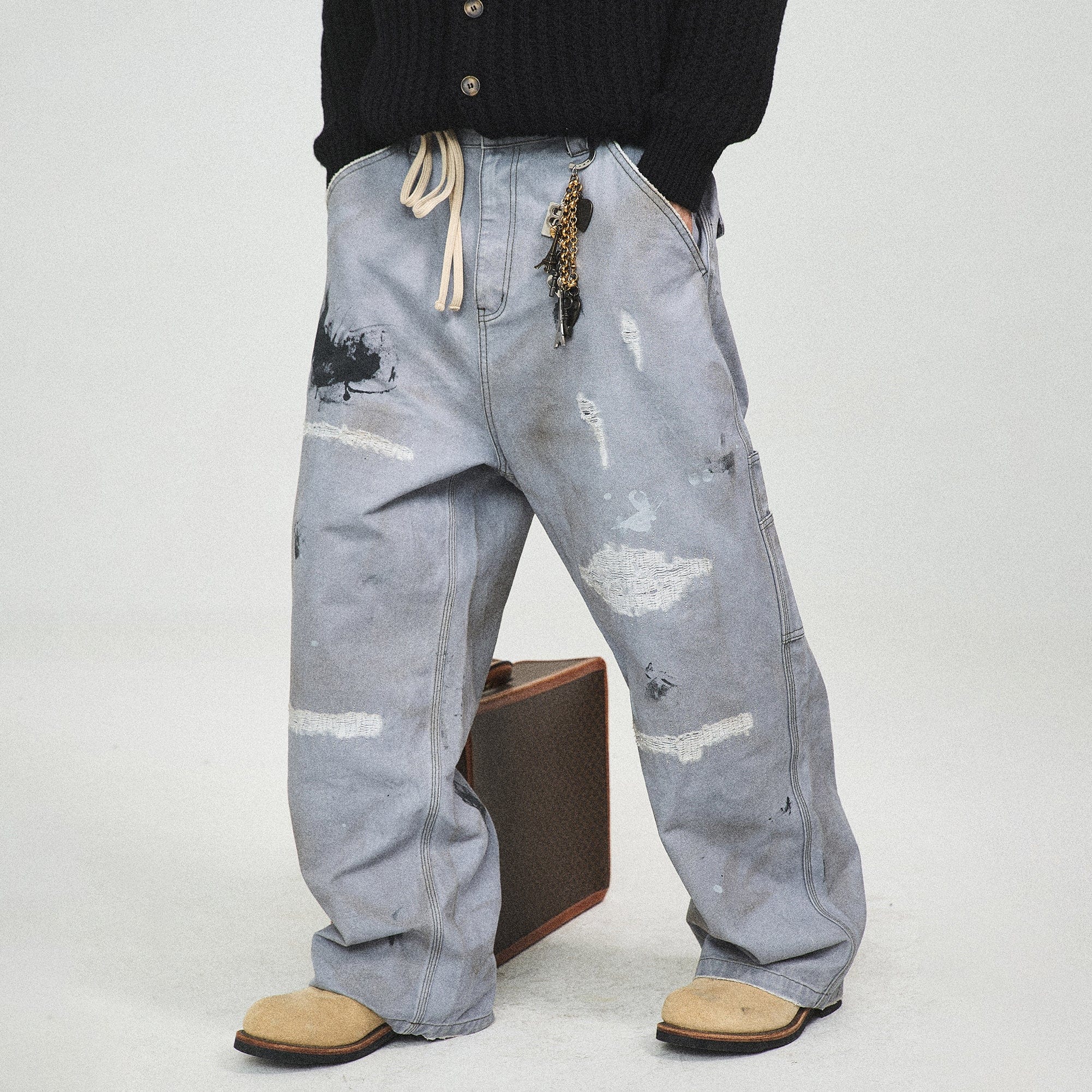 STEEPC Distressed Spliced Wide-Leg Pant