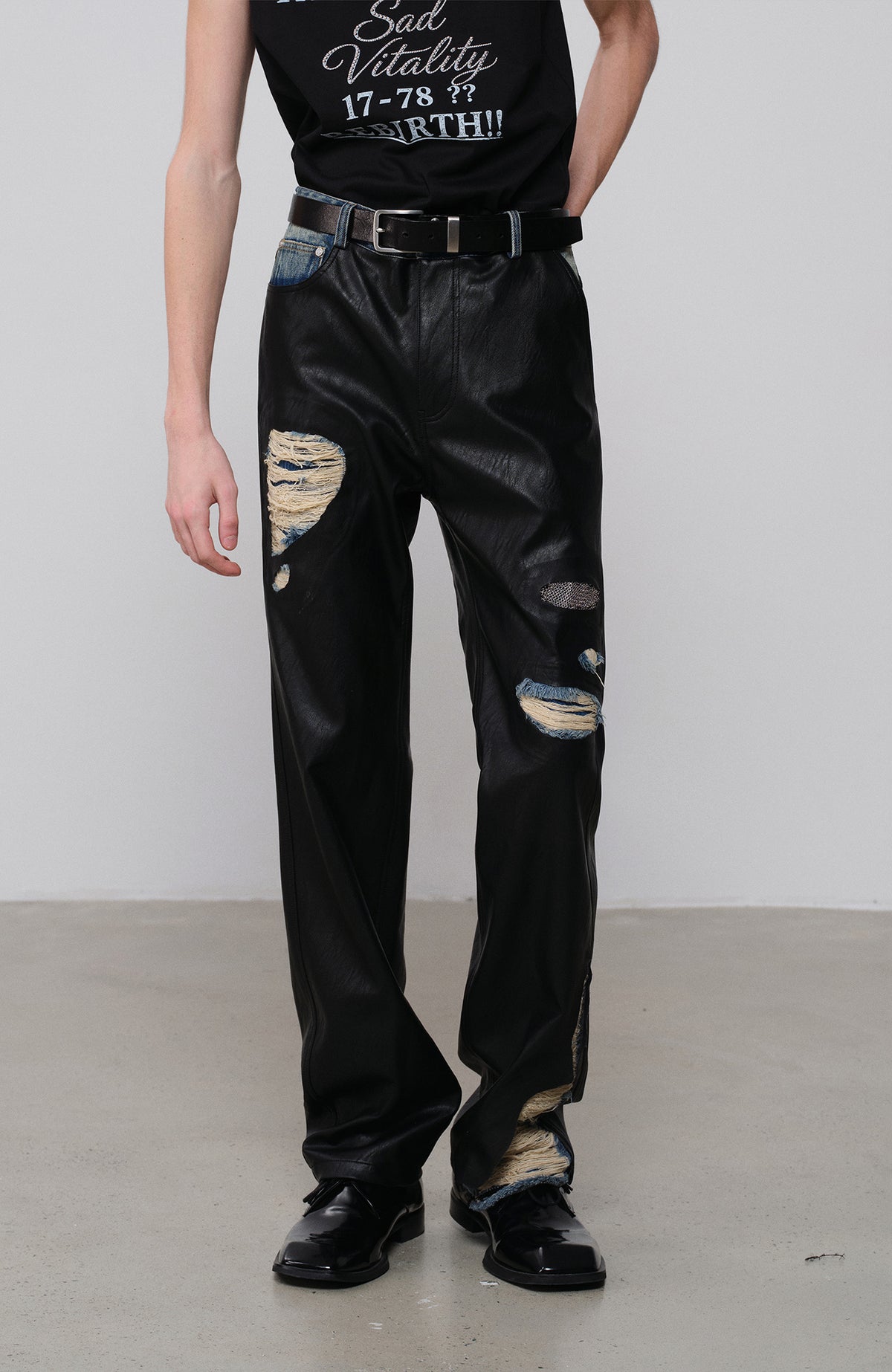 FACEONLAB Faux Leather Spliced Distressed Punk Jeans