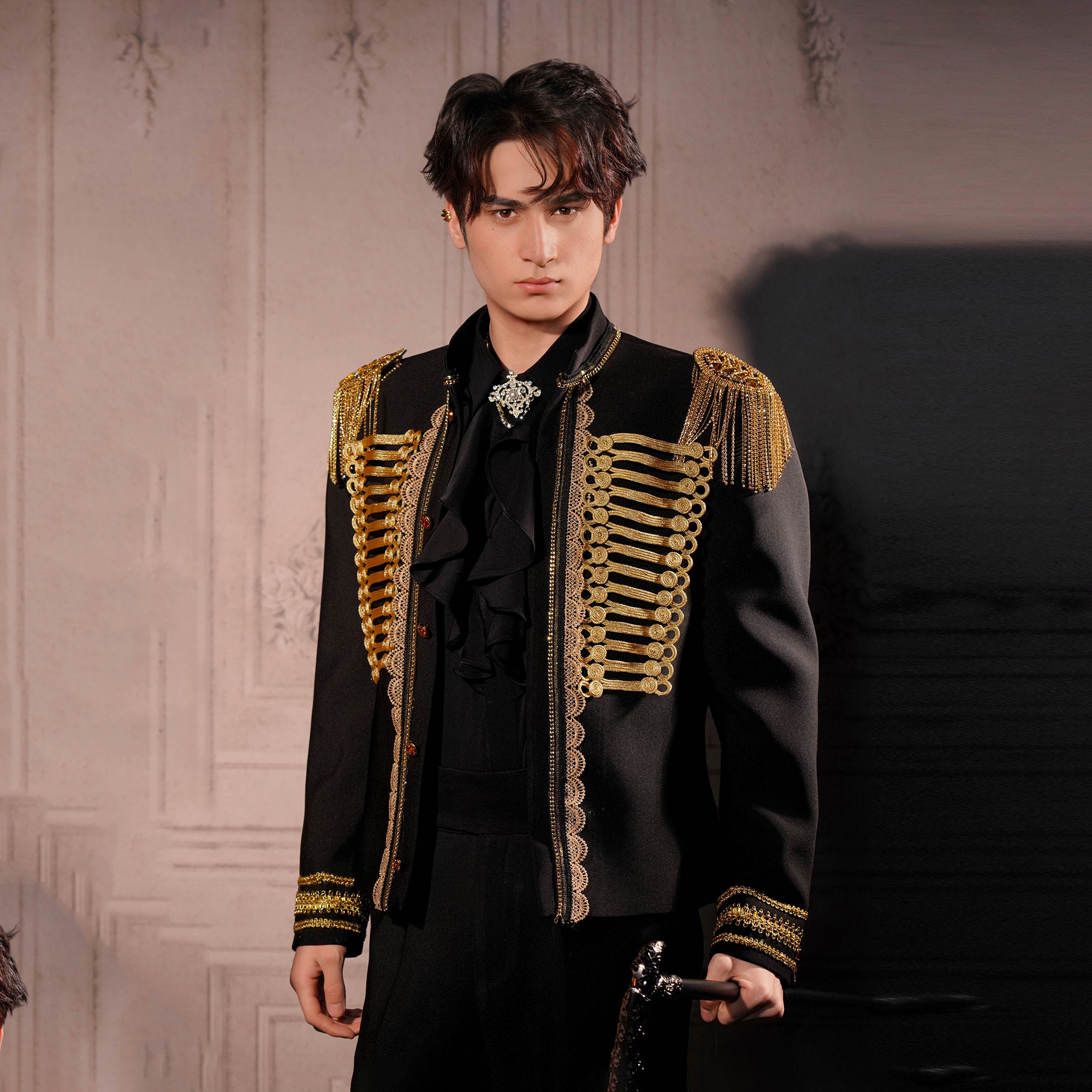 SHANG JIE Shoulder Epaulette Gold Trim Blazer