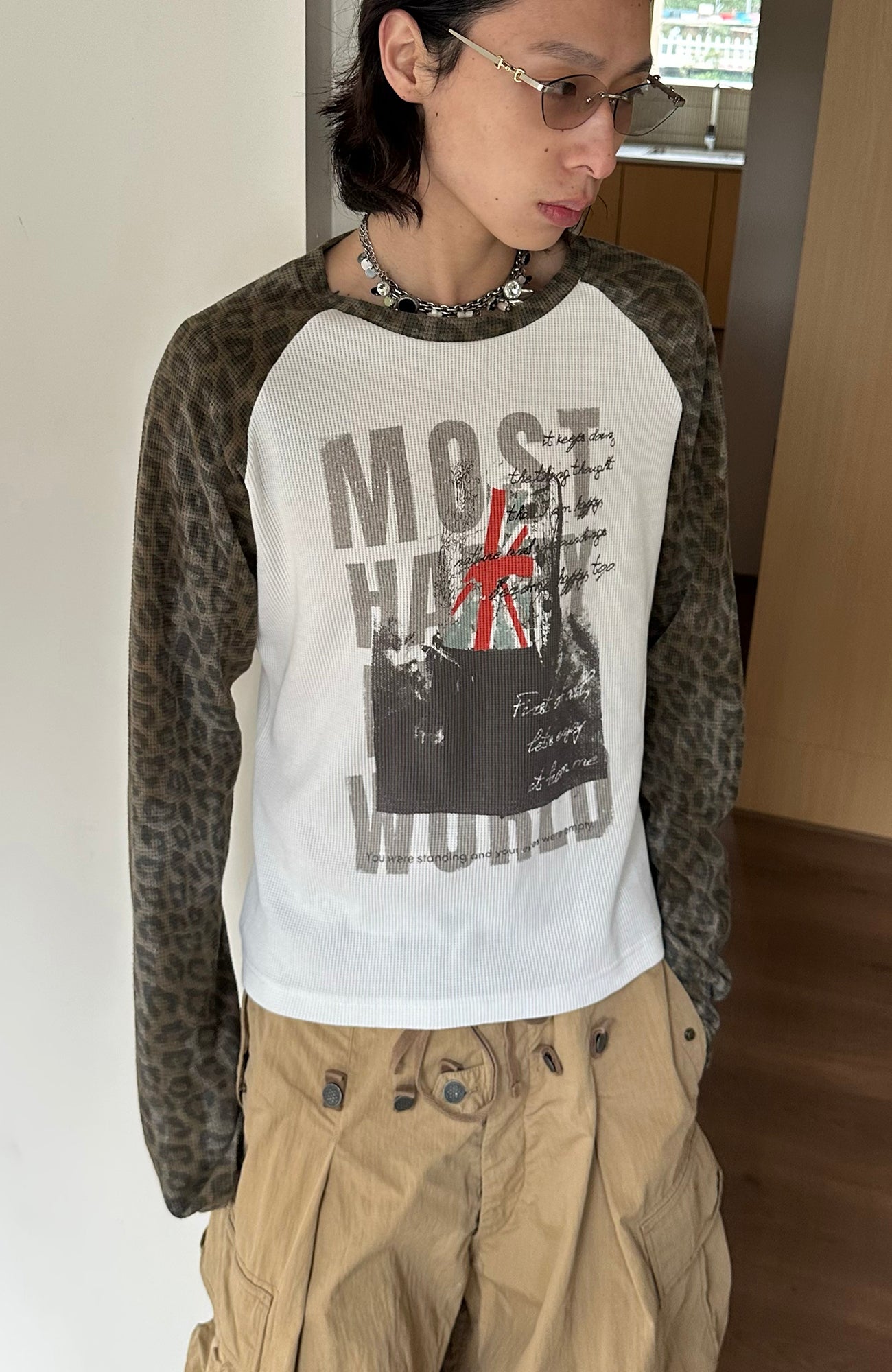 SADSOUP Leopard Raglan Waffle Long-Sleeve Tee