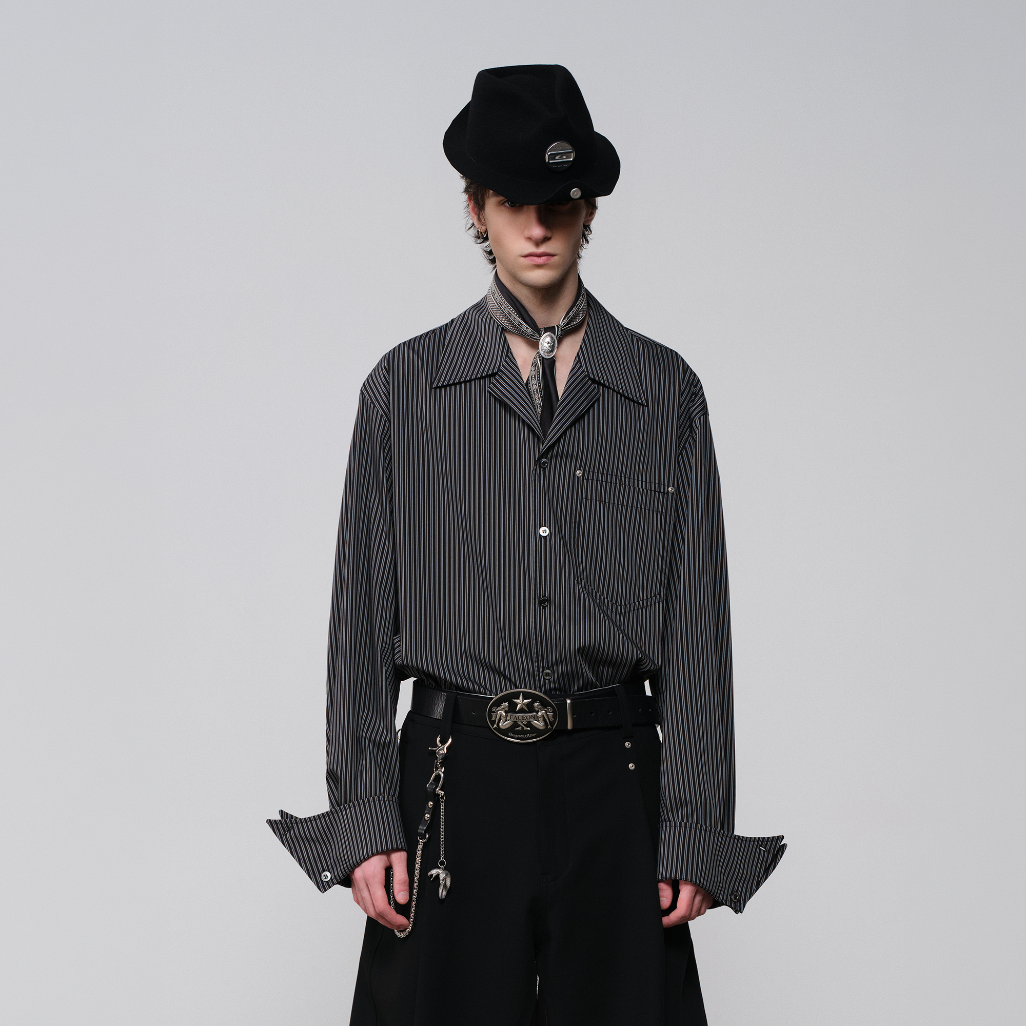 FACEONLAB Striped Cuban Collar Long-Sleeve Shirt