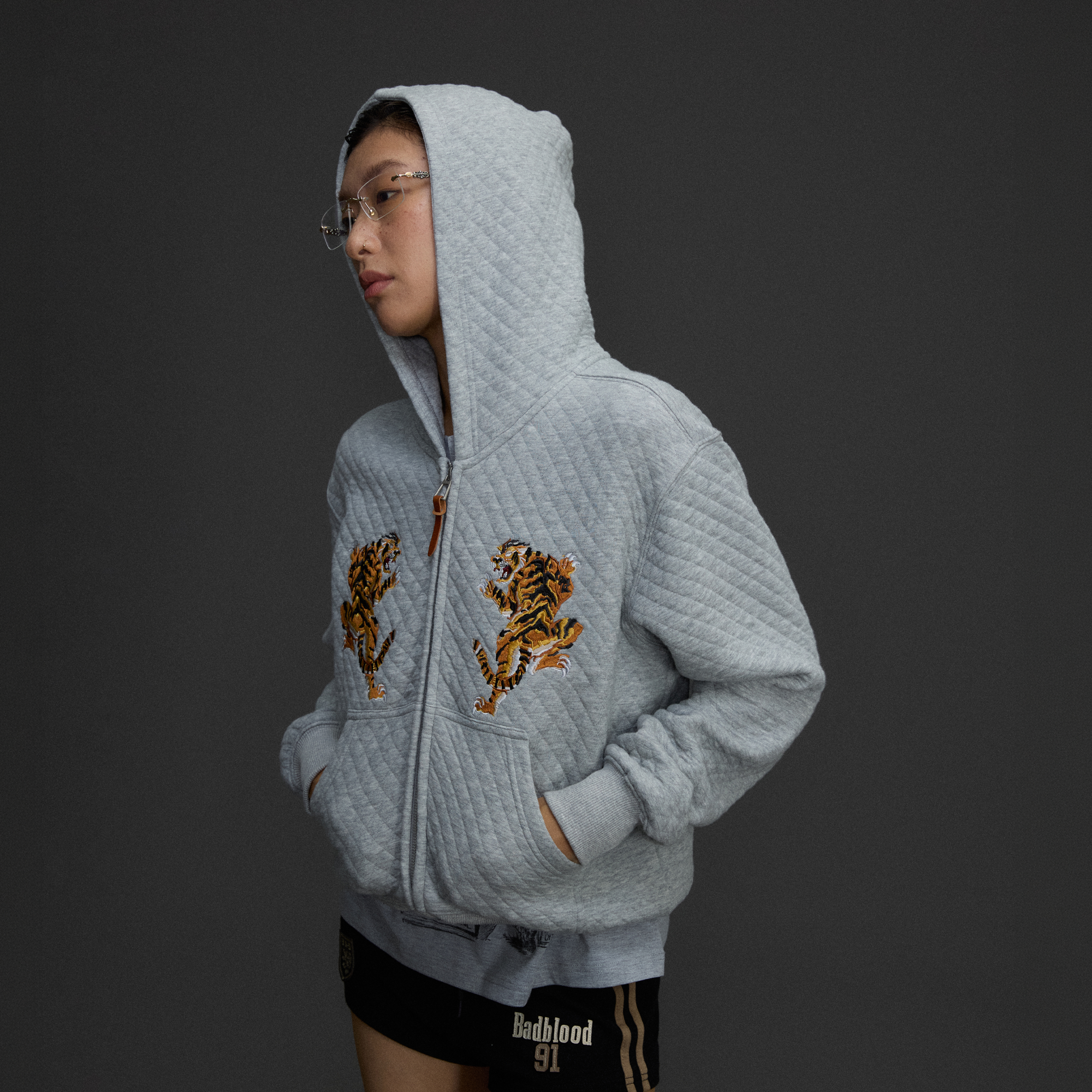NIANJIUYIKOUER Tiger Embroidered Quilted Zip-Up Hoodie, premium urban and streetwear designers apparel on PROJECTISR.com, NIANJIUYIKOUER