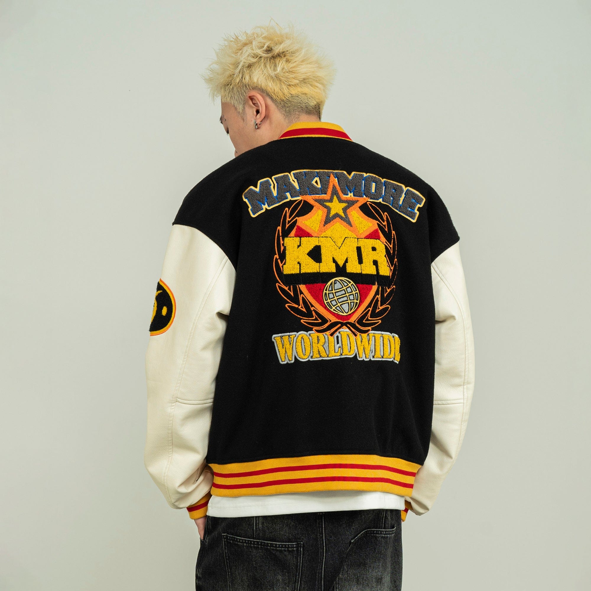 MAKEMORE KMR Patchwork Baseball Jacket, premium urban and streetwear designers apparel on PROJECTISR.com, MAKEMORE