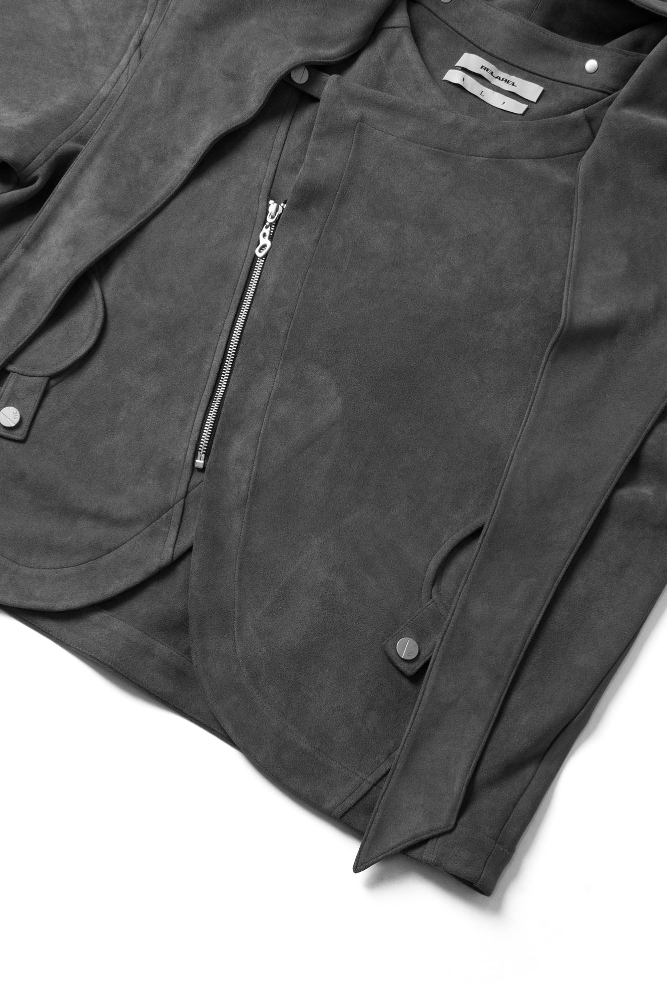 RELABEL Asymmetrical-Zip Detachable-Hood Suede Jacket Gray