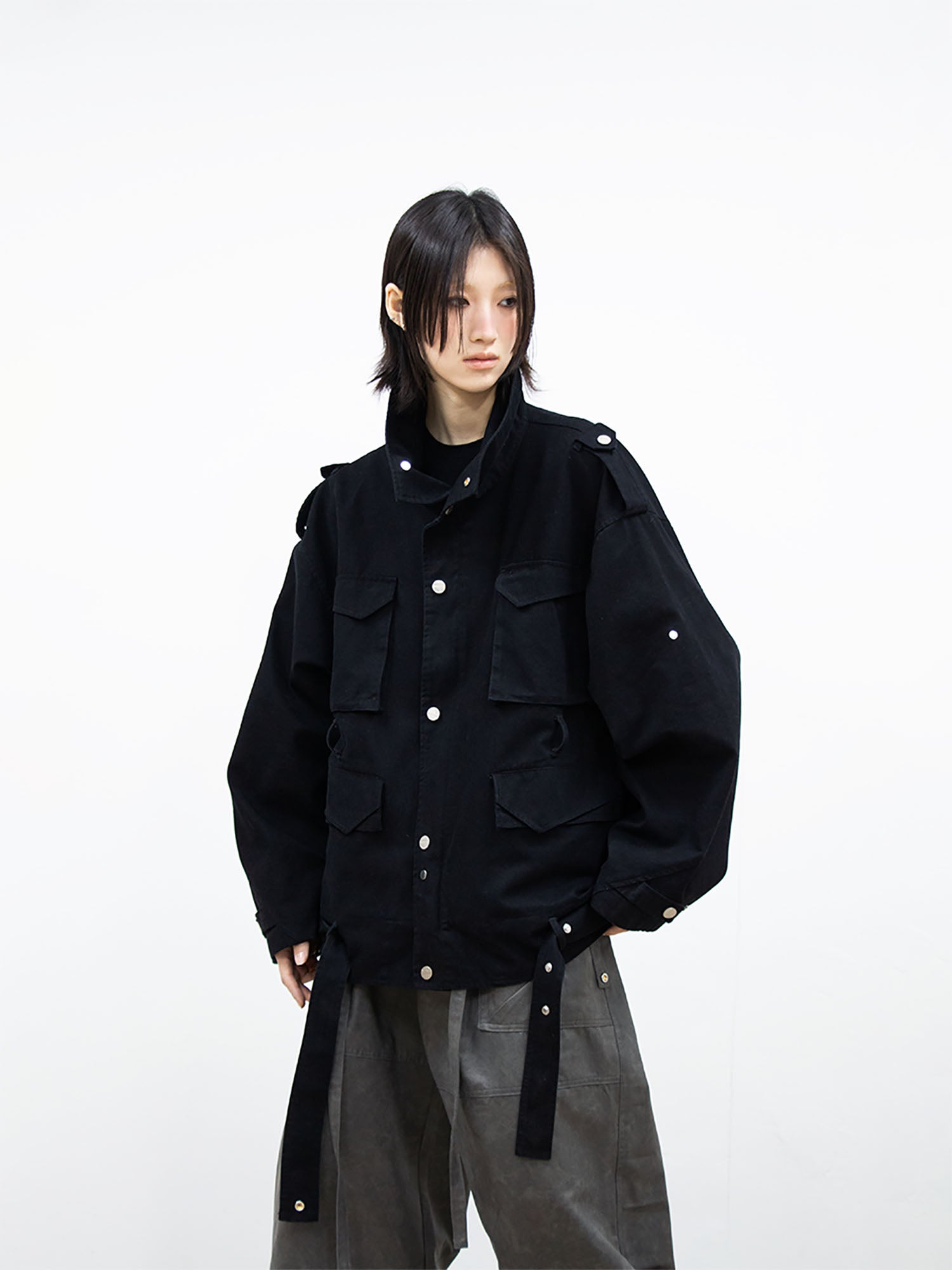 RELABEL Retro Multi-Pocket Snap-Hem Convertible Jacket Black