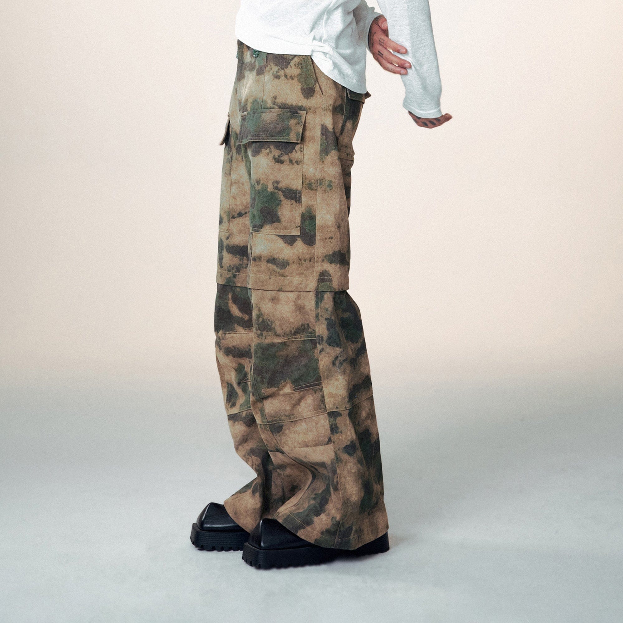 1997 POSTOFFICE Modern Layered Deconstructed Camo Pants, premium urban and streetwear designers apparel on PROJECTISR.com, 1997 POSTOFFICE