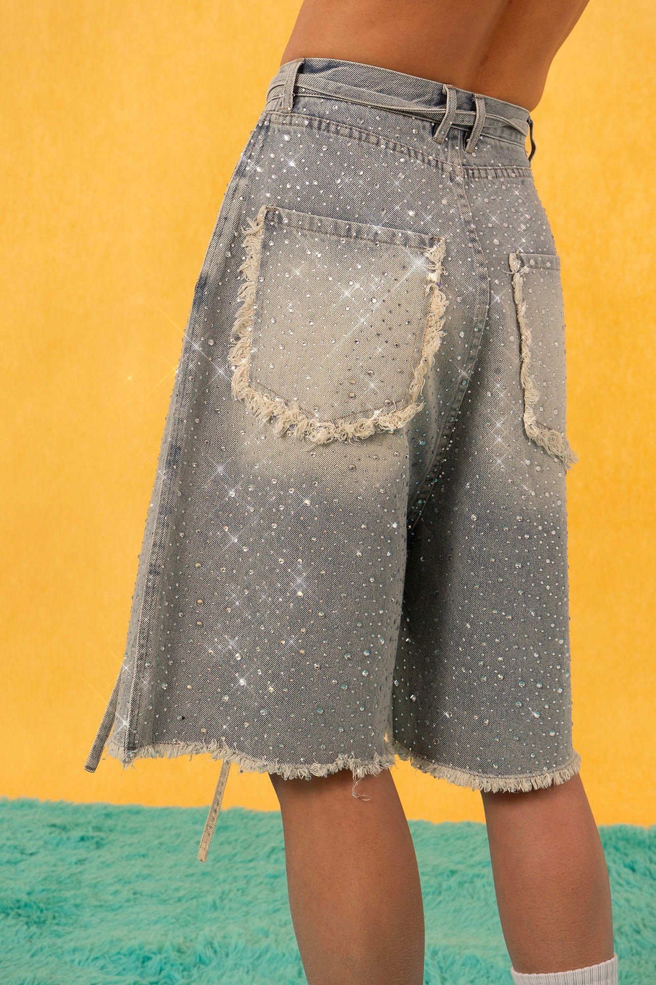 CLP Diamond Fringe Strap Belt Denim Shorts Blue