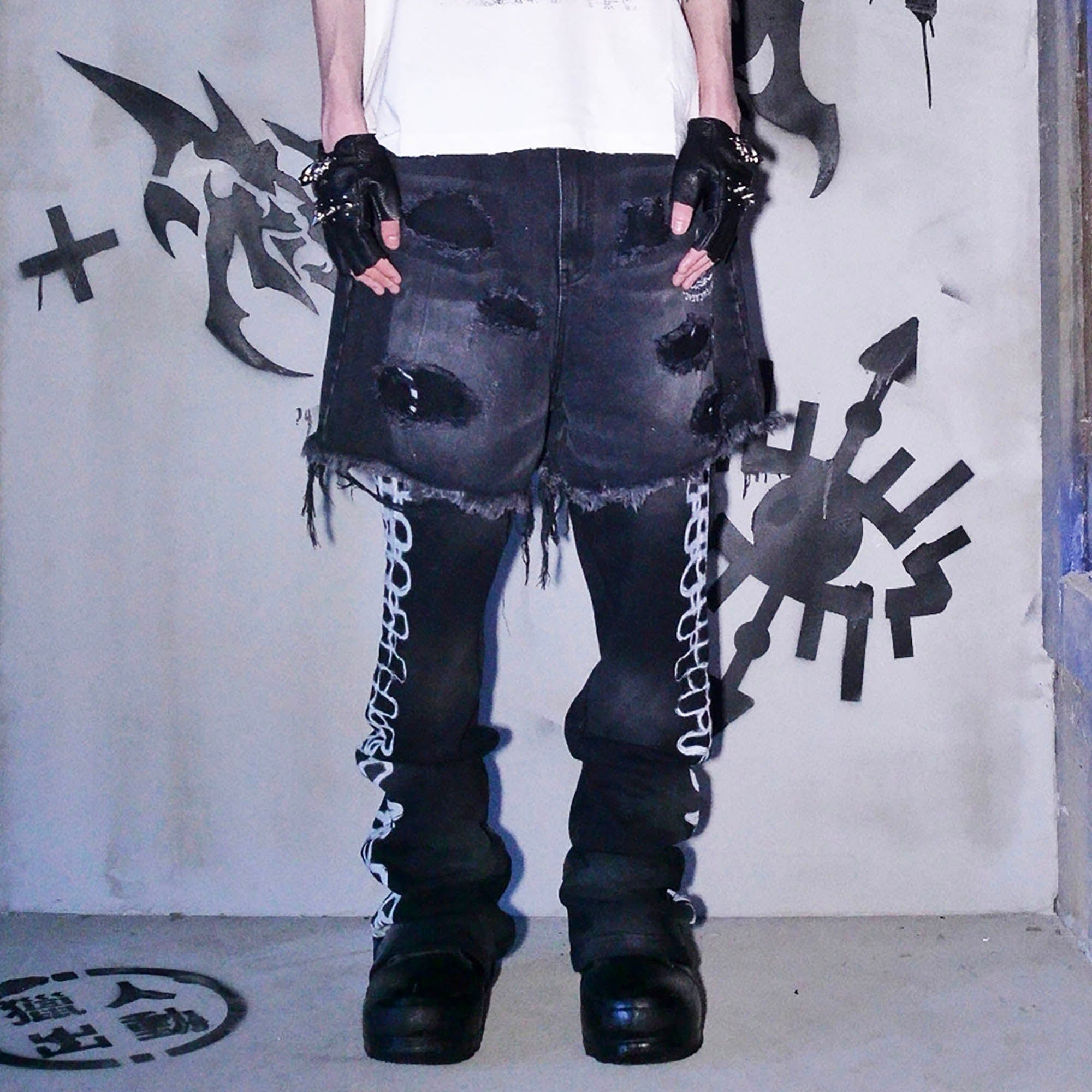 PHANTOMHUNTER Layered Ripped Spray-Painted Flared Jeans, premium urban and streetwear designers apparel on PROJECTISR.com, PHANTOMHUNTER