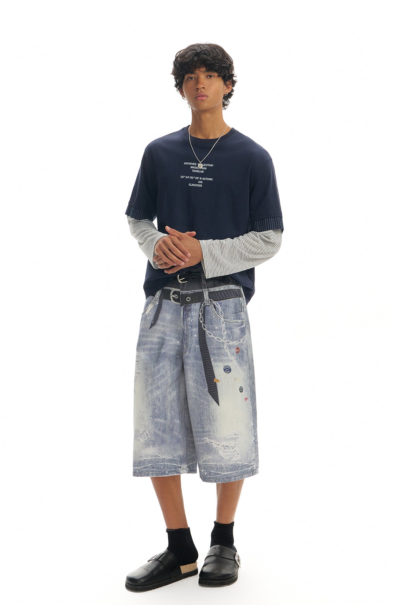 TGNS Trompe-l'œil  Distressed Double-Waist Jorts