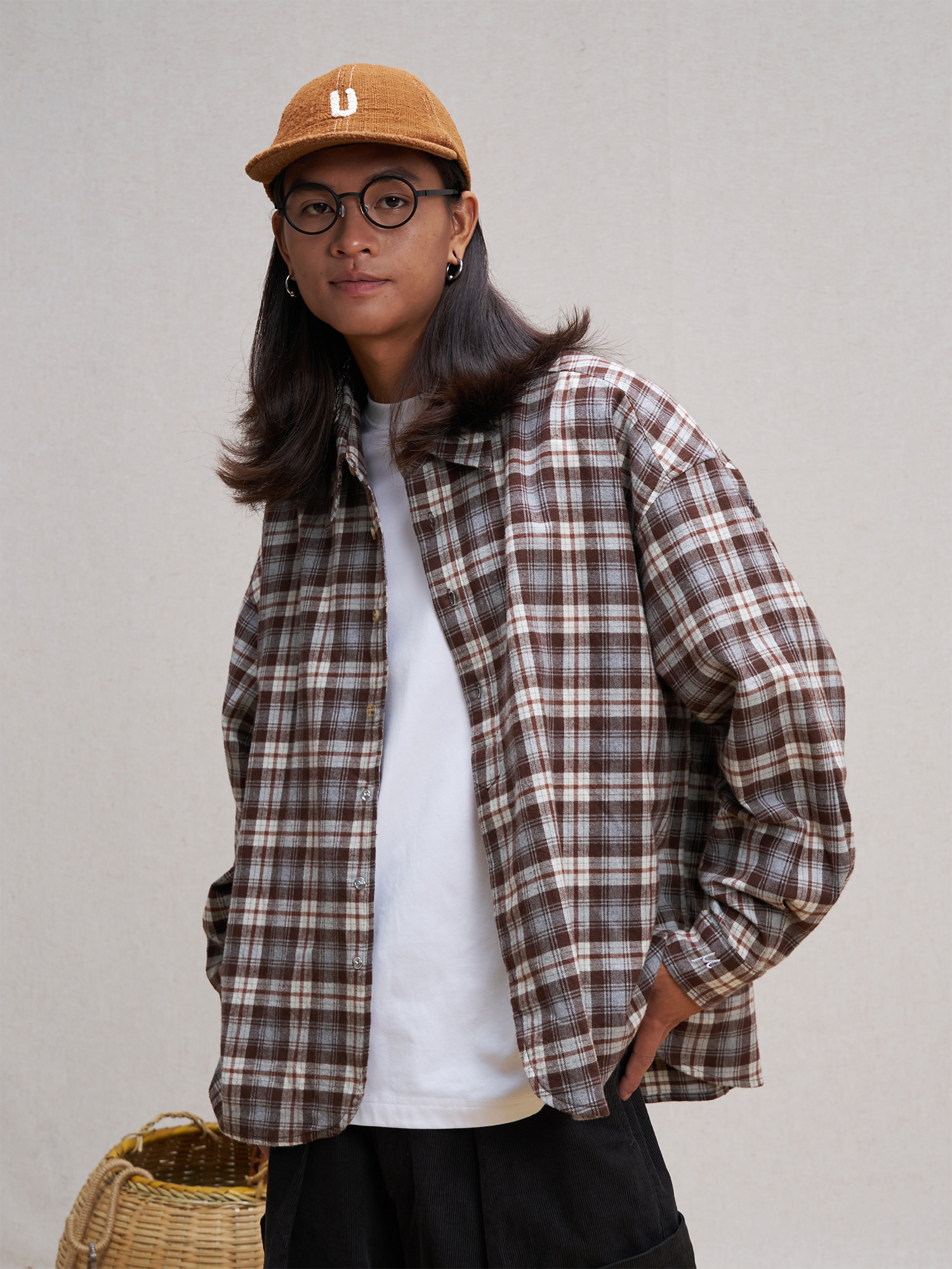 UNLIMITED MOTE Plaid Oversized Half-Open Collar Shirt Brown, premium urban and streetwear designers apparel on PROJECTISR.com, UNLIMITED MOTE