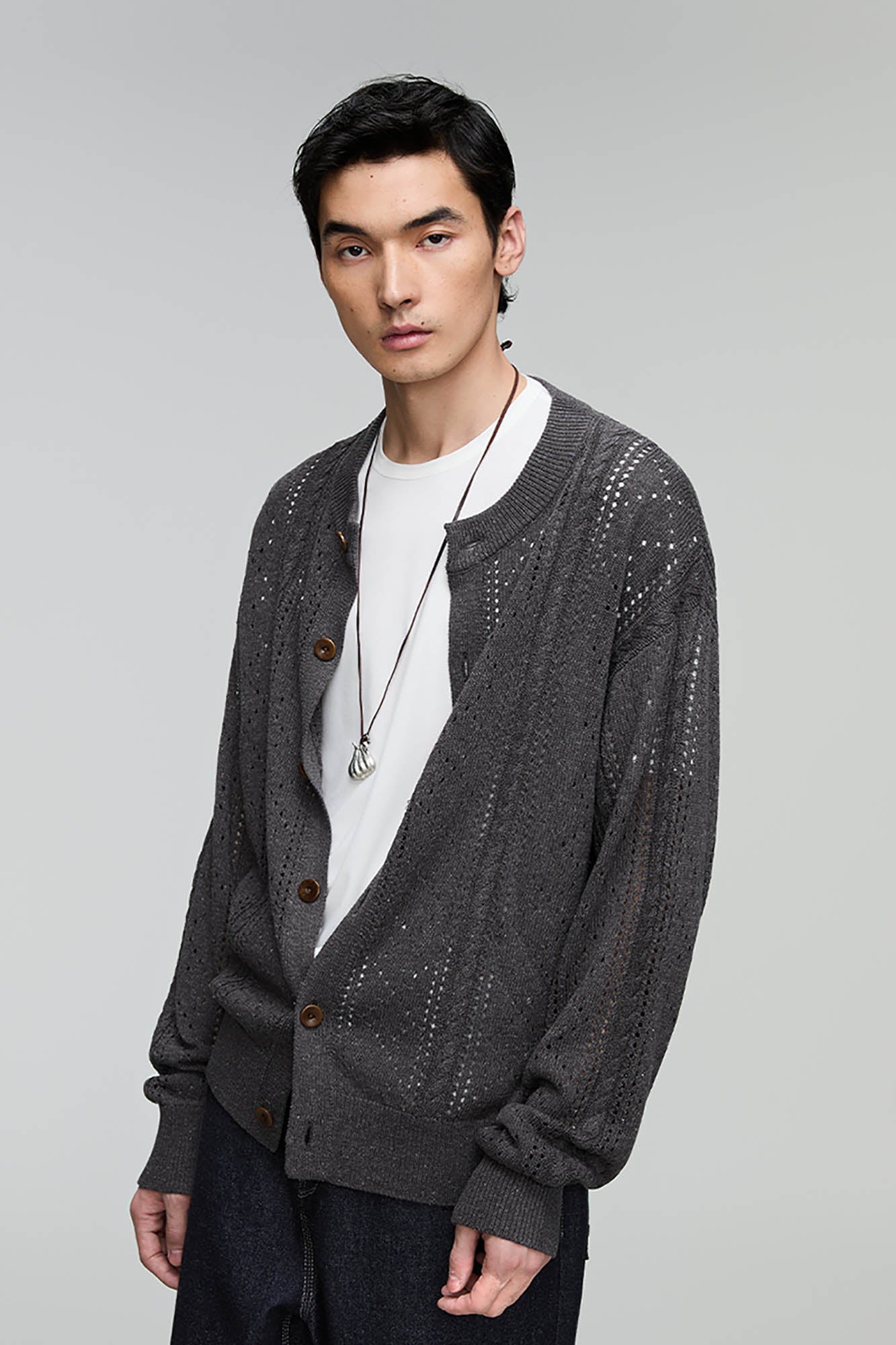 OPICLOTH Eyelet Knit Button-Up Cardigan