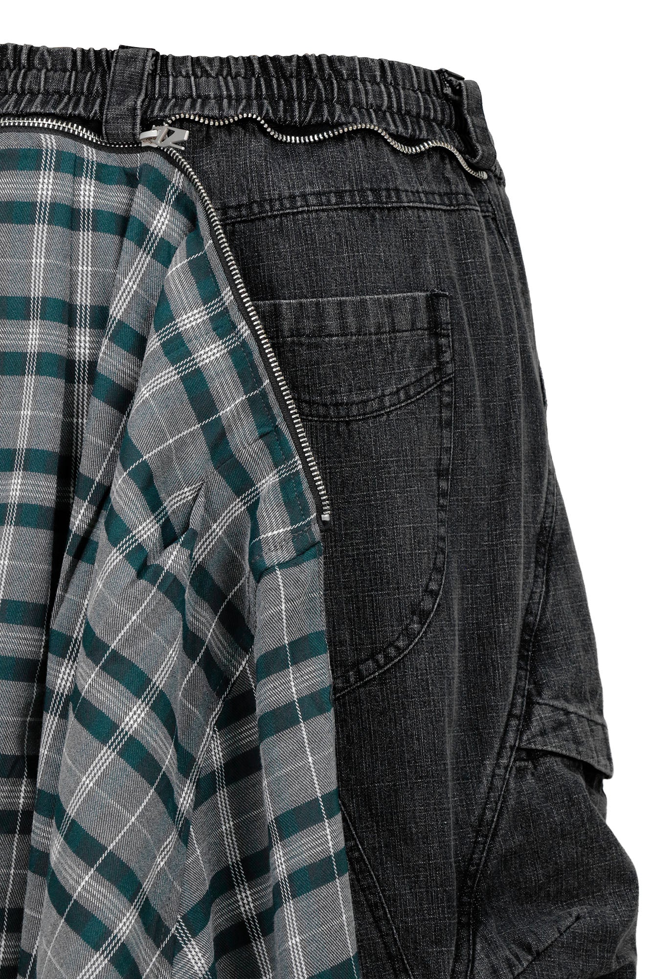 RELABEL Detachable Plaid Drape Oversized Denim Shorts, premium urban and streetwear designers apparel on PROJECTISR.com, RELABEL