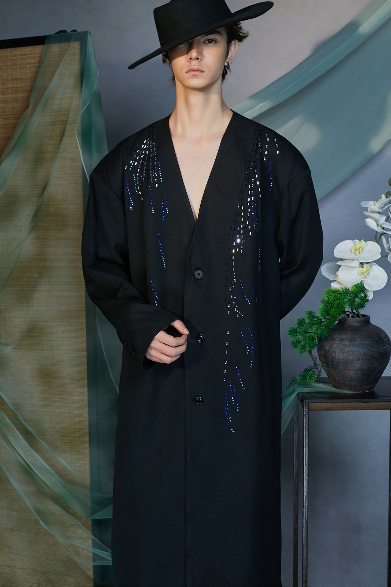 JIECHI Sequin Embroidery V-Neck Overcoat, premium urban and streetwear designers apparel on PROJECTISR.com, JIECHI