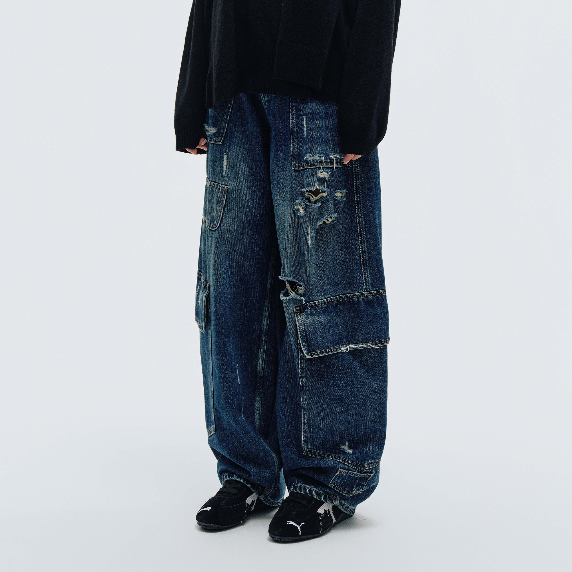 HAHAHA Washed Distressed Multi-Pocket Wide-Leg Jeans