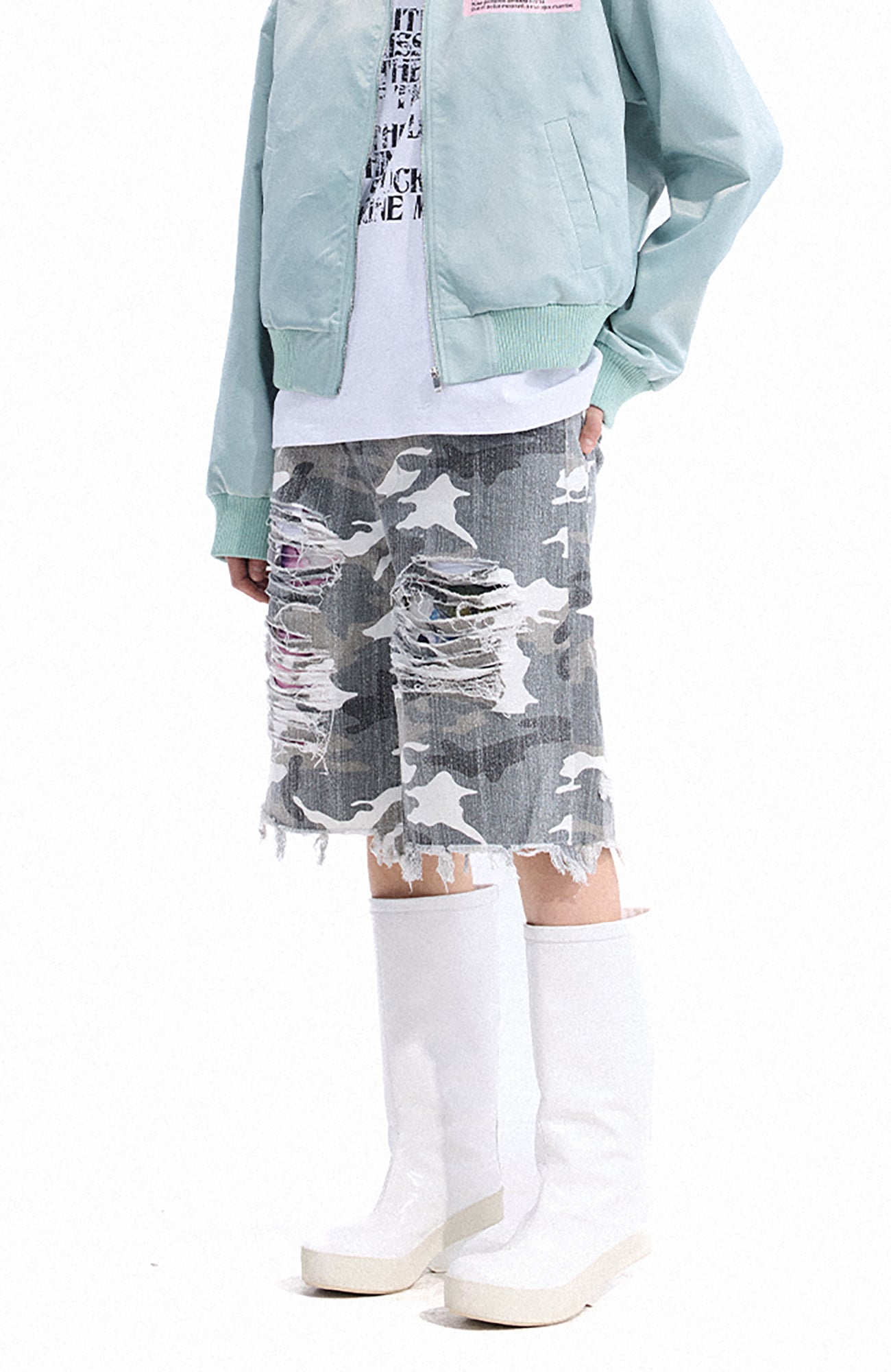 DREAM BAND Camo Distressed Denim Shorts