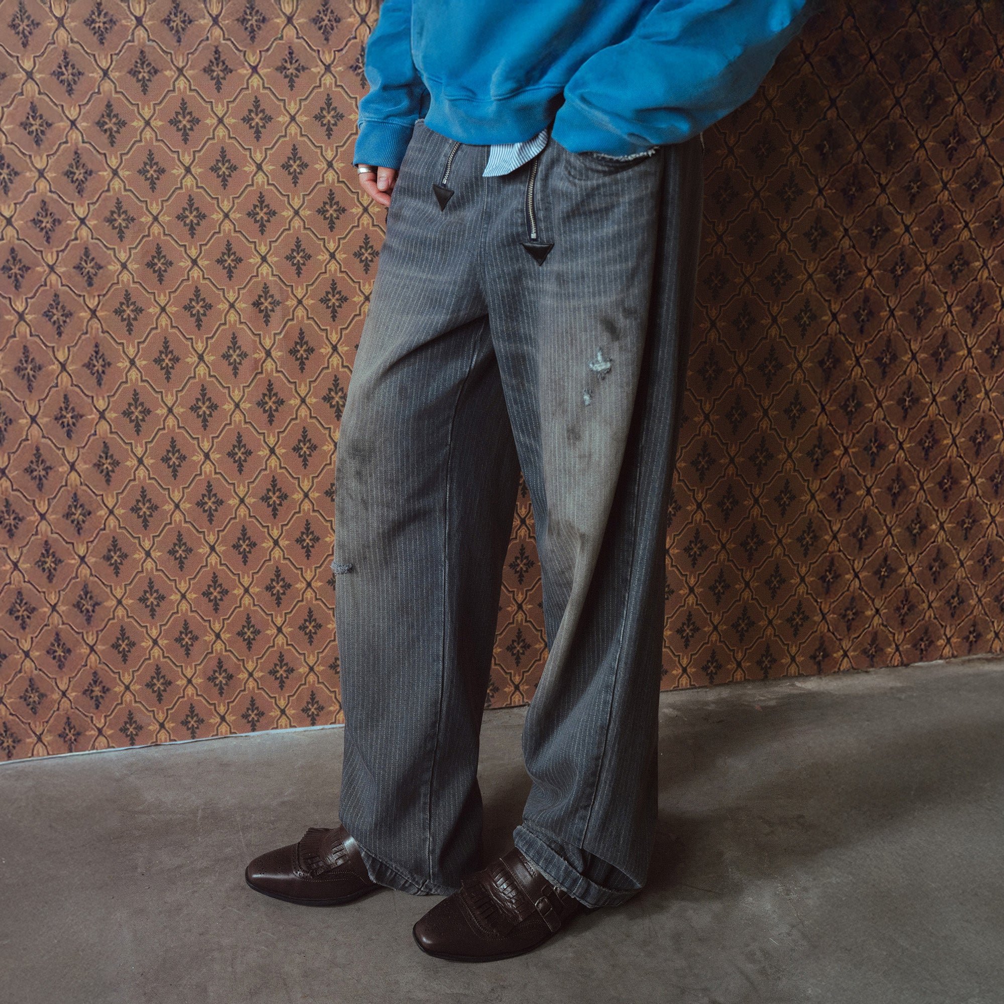 RICHILL Distressed Pinstriped Embroidered Jeans, premium urban and streetwear designers apparel on PROJECTISR.com, RICHILL