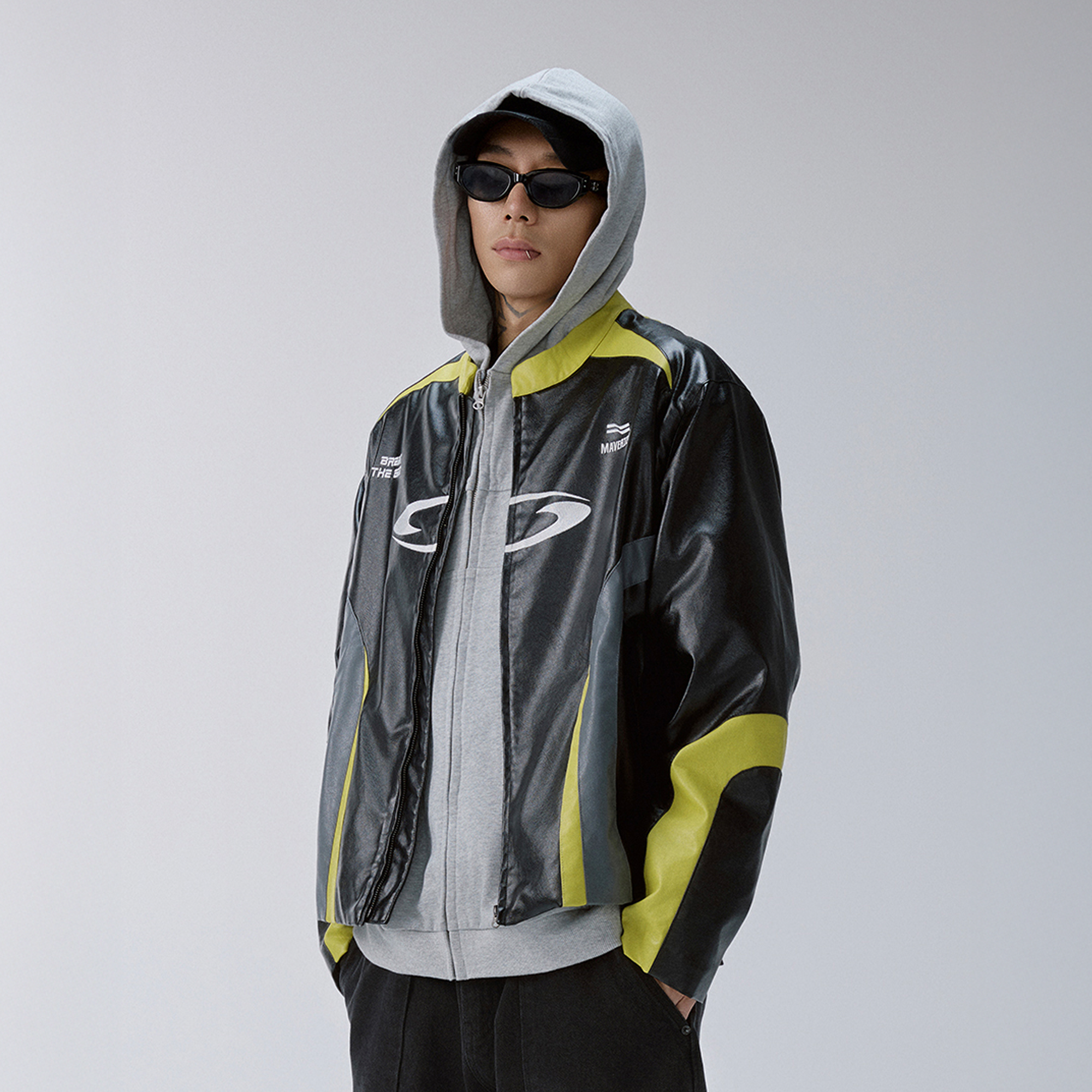 F2CE Contrast Panel Embroidered Moto Jacket