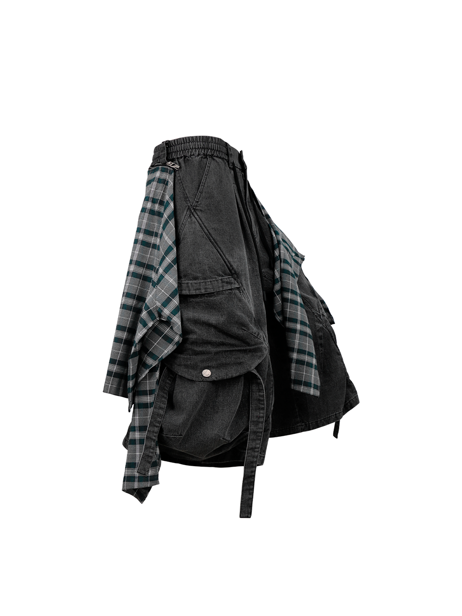 RELABEL Detachable Plaid Drape Oversized Denim Shorts, premium urban and streetwear designers apparel on PROJECTISR.com, RELABEL