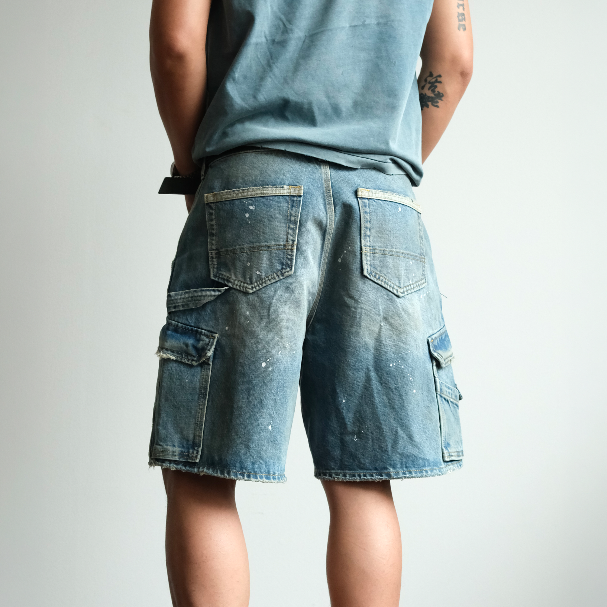 NEIGBORL Retro Washed Paint-Splattered Multi-Pocket Denim Shorts