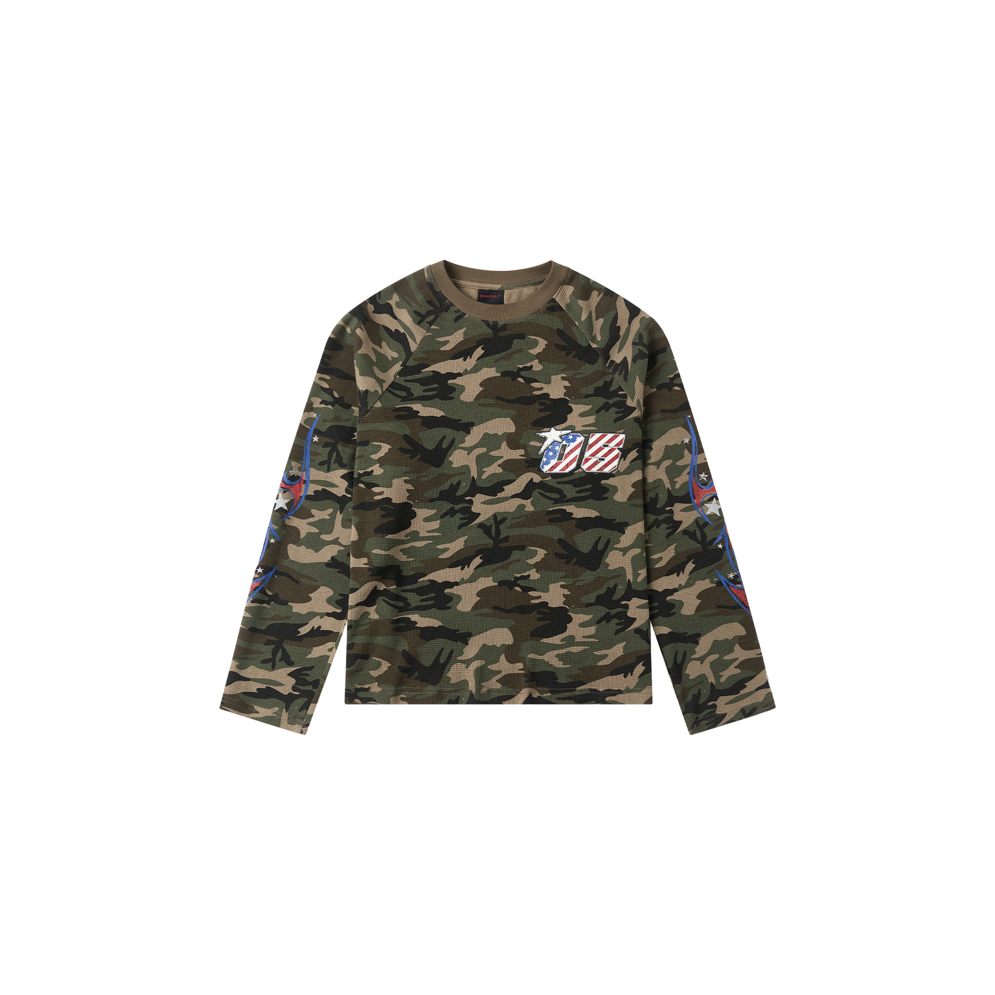 SAVAGEGROWTHWORLD Camo Waffle Knit Graphic Long-Sleeve Tee