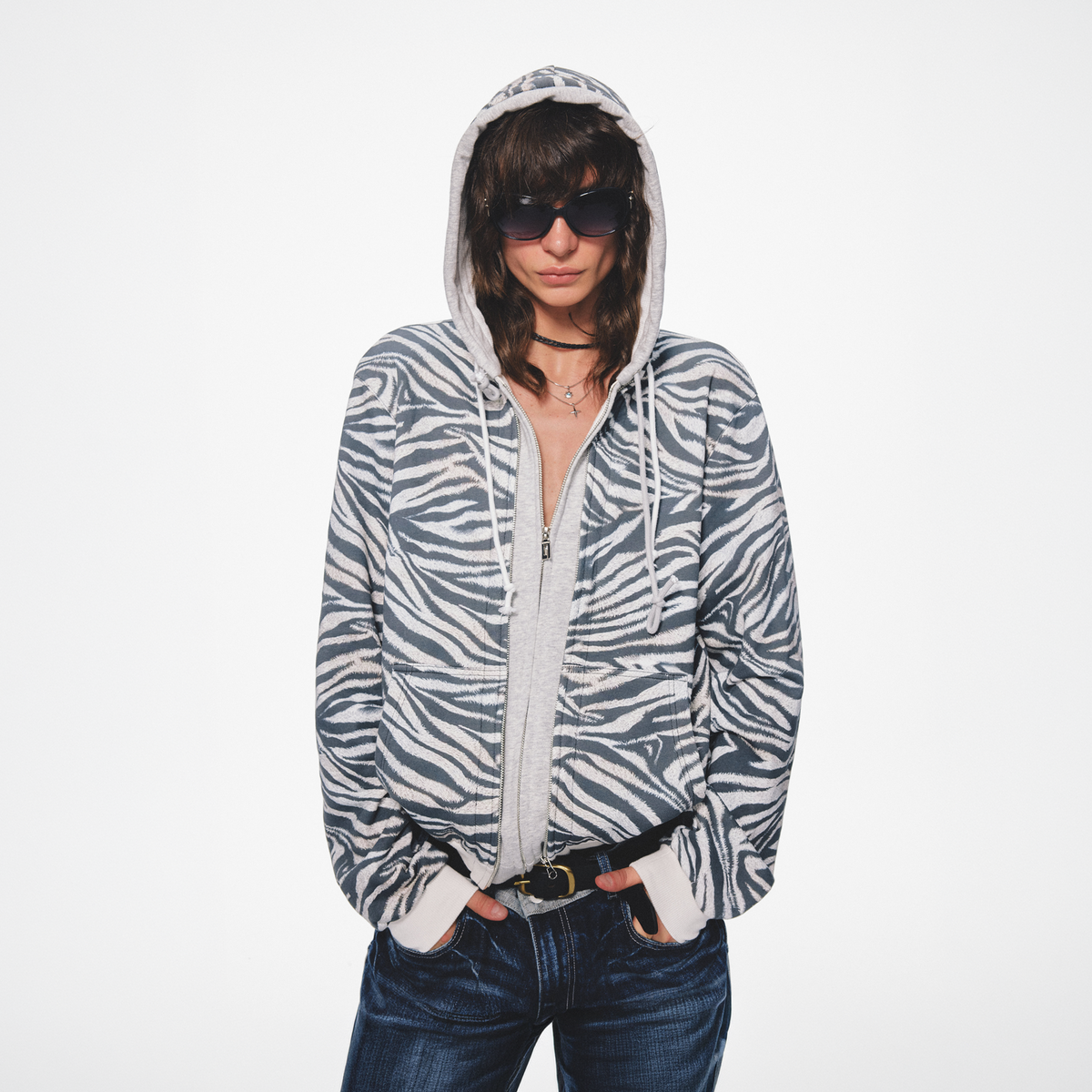 TRECLUB Retro Zebra-Print Zip-Up Hoodie