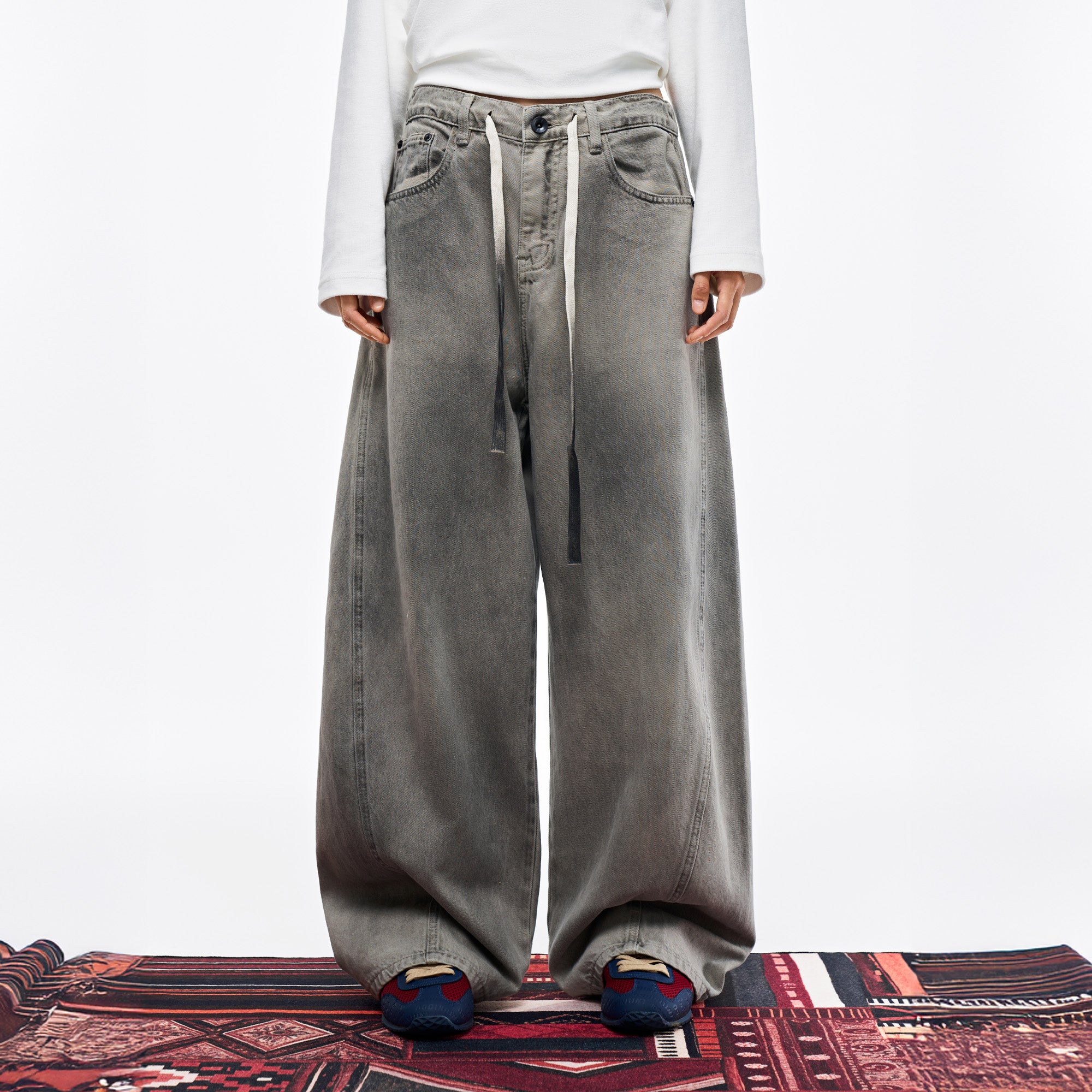 OVERLAPS Washed Drawstring Wide-Leg Jeans, premium urban and streetwear designers apparel on PROJECTISR.com, OVERLAPS